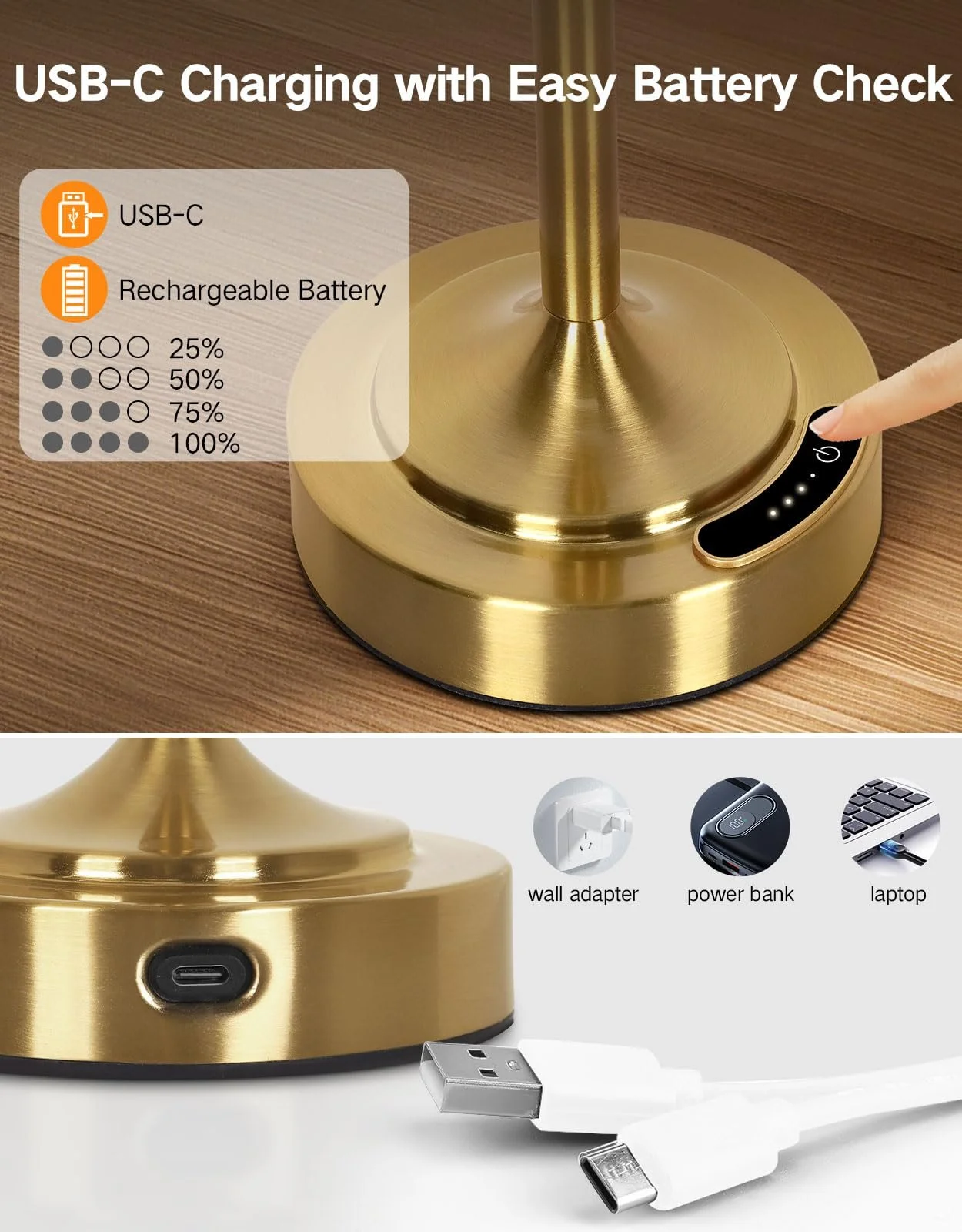 Настільна лампа OUTON Сенсорна 3 колірні температури 4000 mAh USB-C 60 год Золота 1 шт., фото №5