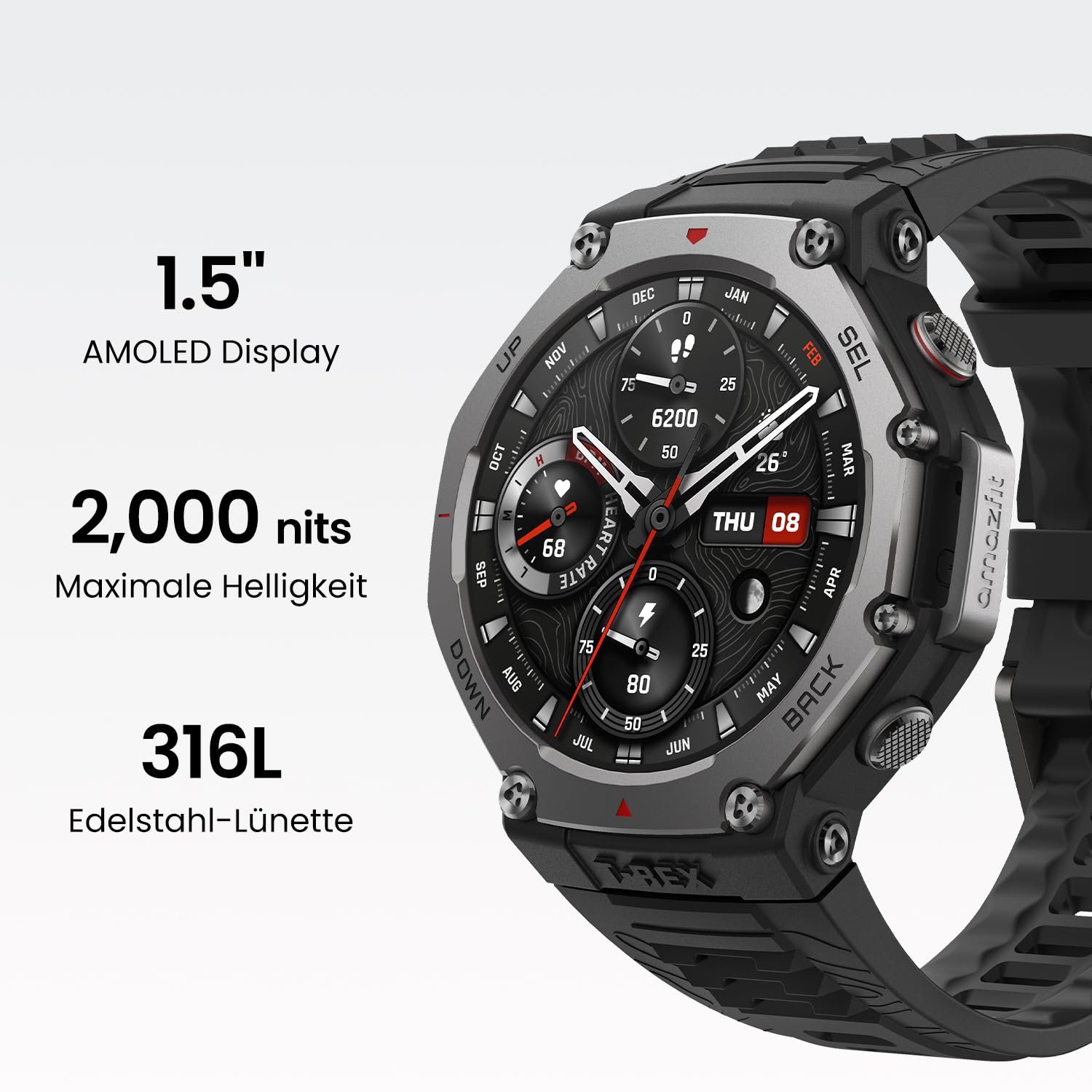 Смарт-годинник Outdoor Amazfit T-Rex 3 48 мм AMOLED, Offline Karten und Navigation, 6 Satellitensysteme Dual Band GPS, 27 днів роботи від акумулятора, NFC, 170 Plus Sportmodus, 45 м Freitauchen, фото №6