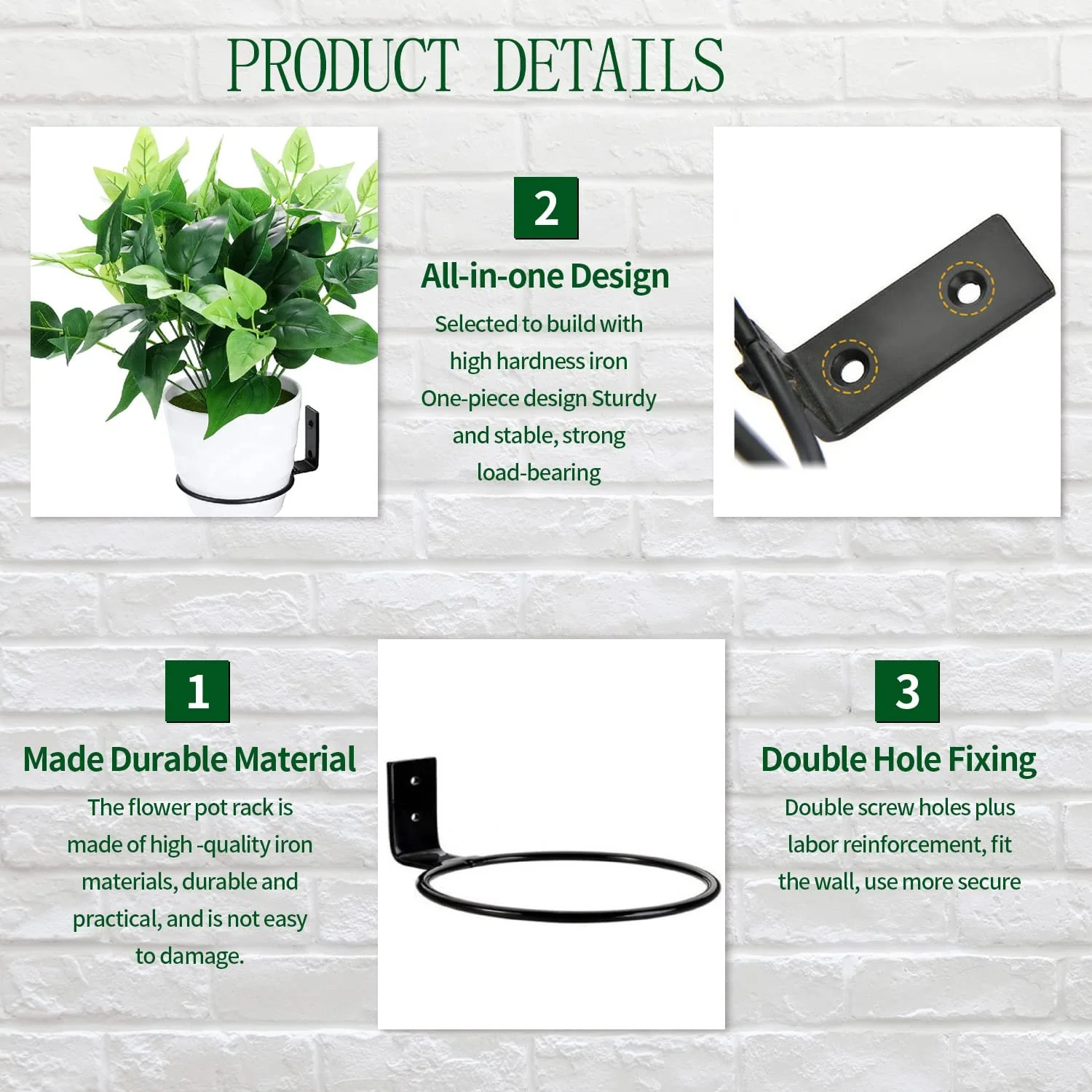 Настінні тримачі для квіткових горщиків 3 шт. 10 см / 14 см / 19 см Чорні круглі, фото №5