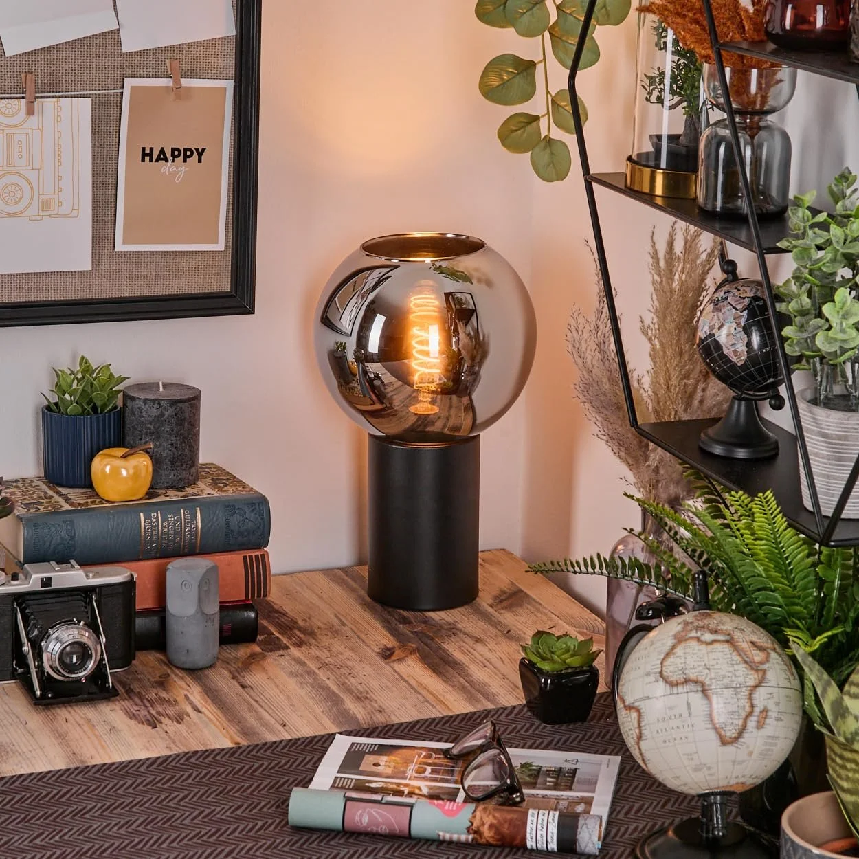 Настільна лампа HOFSTEIN Koyoto Метал/Скло E27 20 см Black/Chrome/Smoke, фото №8