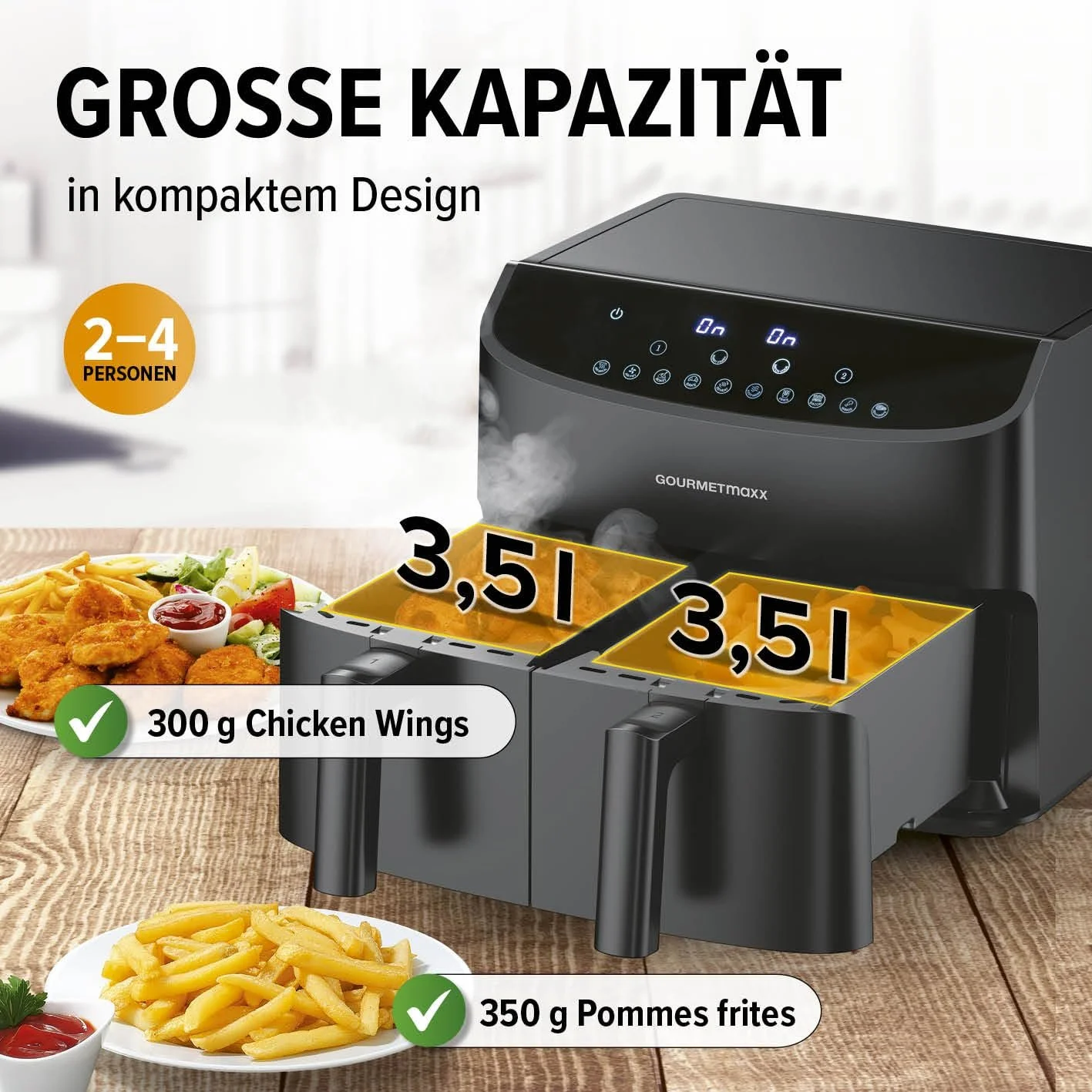 Мультипечь Gourmetmaxx Double Chamber Hot Air Fryer 2 x 3.5 л 2400 Вт 10 программ Чорний, фото №4 Мультипечь Gourmetmaxx Double Chamber Hot Air Fryer 2 x 3.5 л 2400 Вт 10 программ Чорний, фото №4