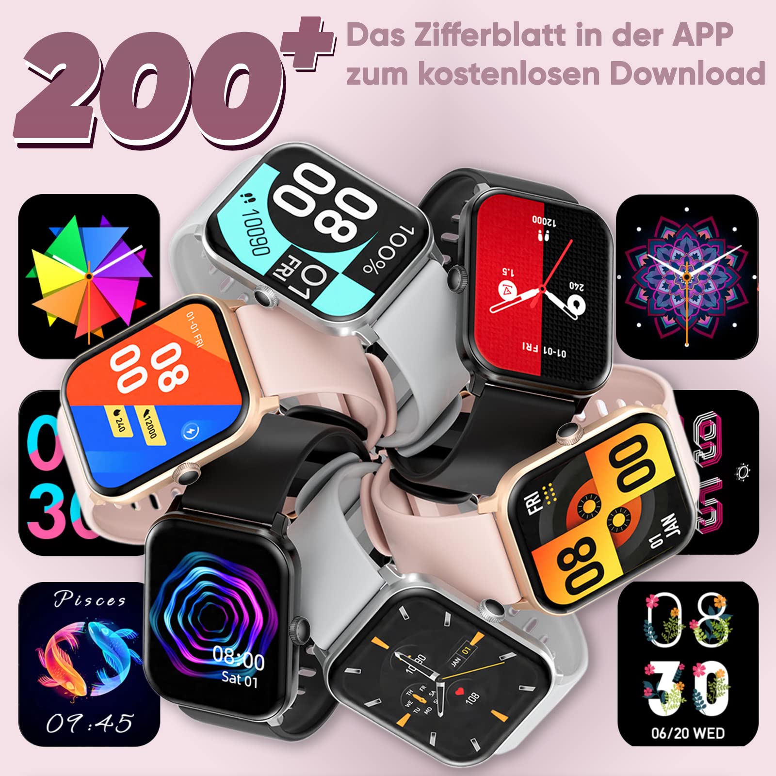 Смарт-годинник Dachma Android для жінок, 1,85 дюйма, з функцією Whatsapp, з функцією телефона, рожевий + 3 браслети, фото №6