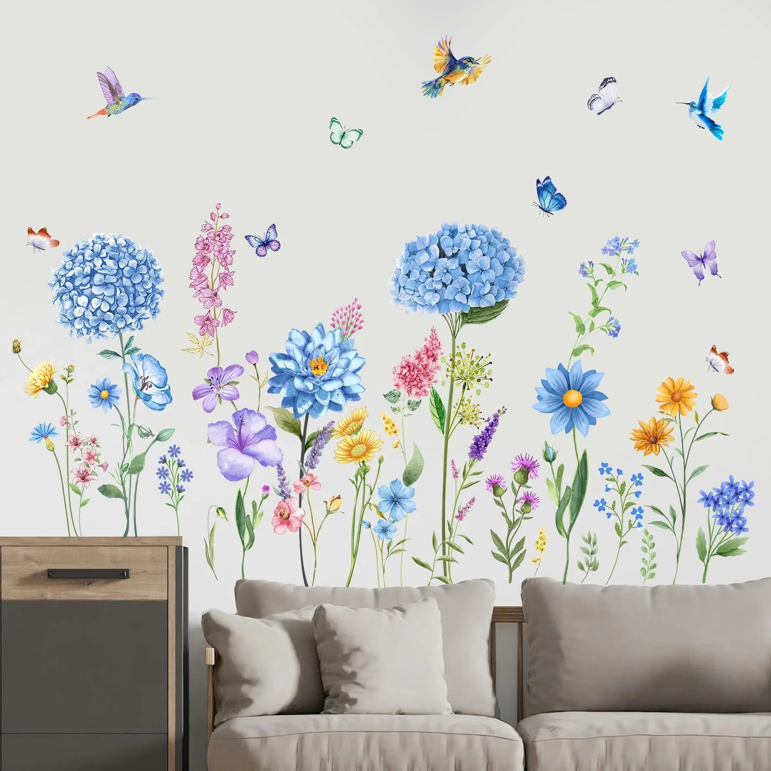 Наклейка на стіну Blue Flower and Bird знімна квіти та метелики вінілова Блакитна 90x30 см (2 шт.), фото №2