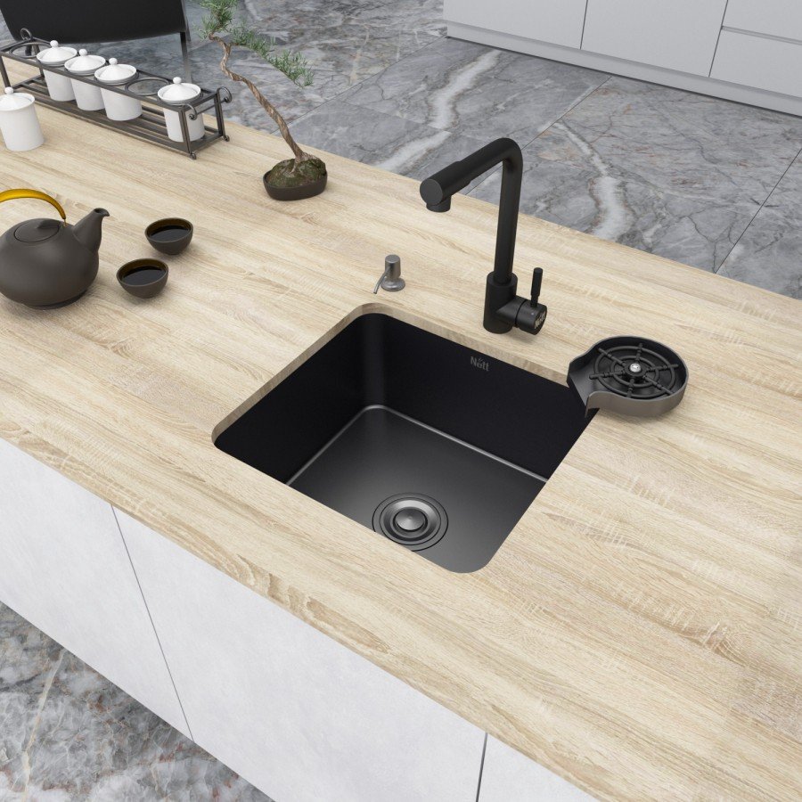 Чорна мийка для кухні з нержавіючої сталі 45 см в стільницю Nett NB-4643, фото №1