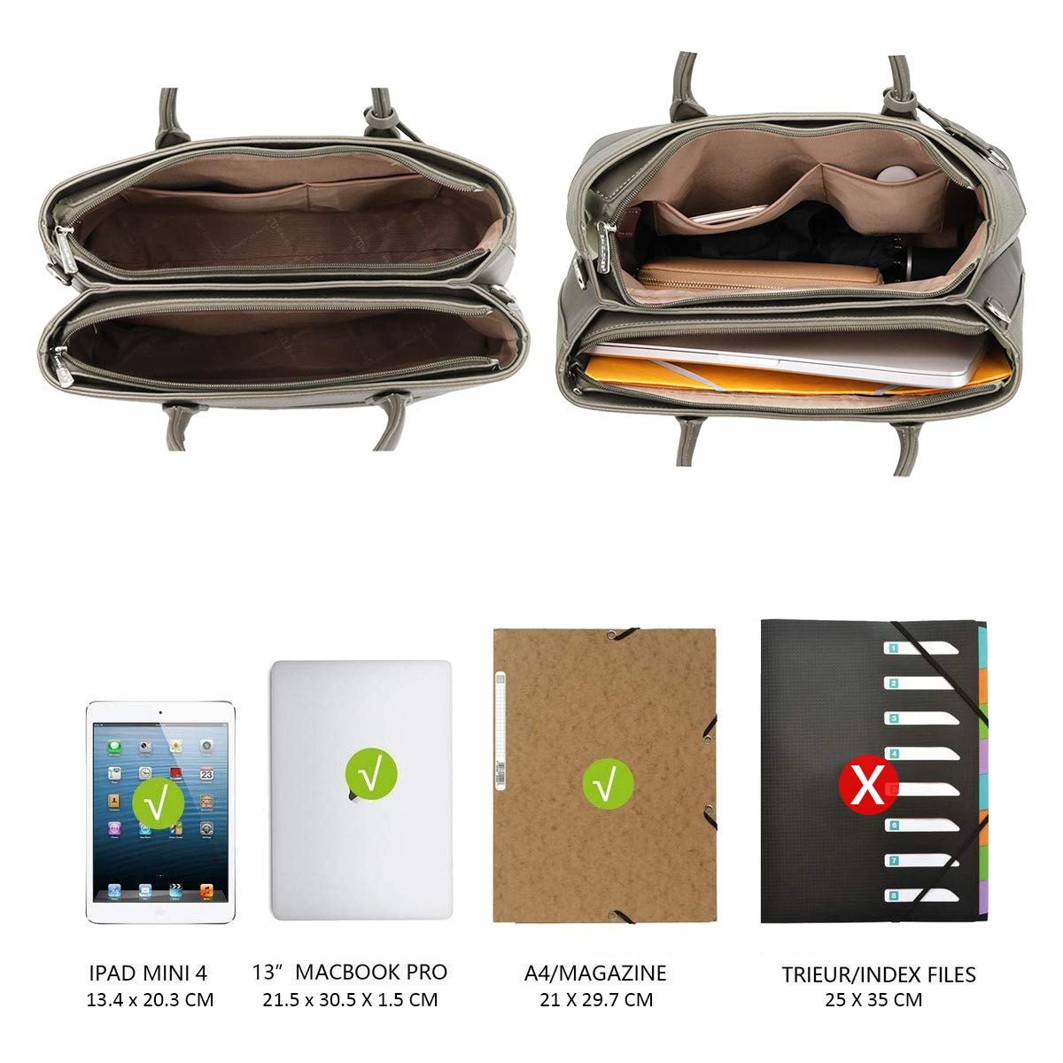 Сумка с верхней ручкой David Jones большая PU (полиуретан) кожа стиль натуральной кожи много карманов тоут сумка-шоппер для работы школы, Тауп коричневый, фото №7