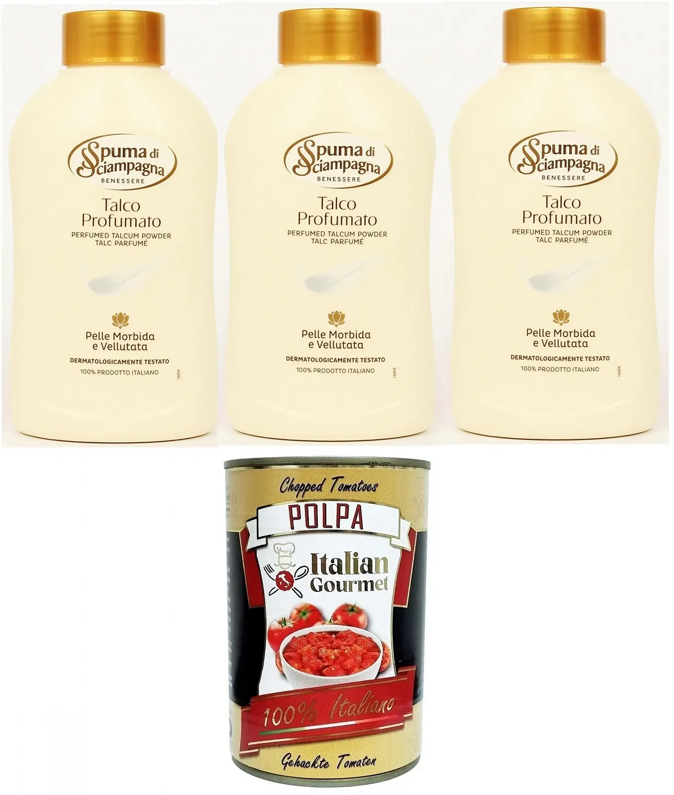 Пудра Spuma di Sciampagna парфюмированный в банке 3 x 200 г + томатная пульпа Italian Gourmet 400 г, фото №1