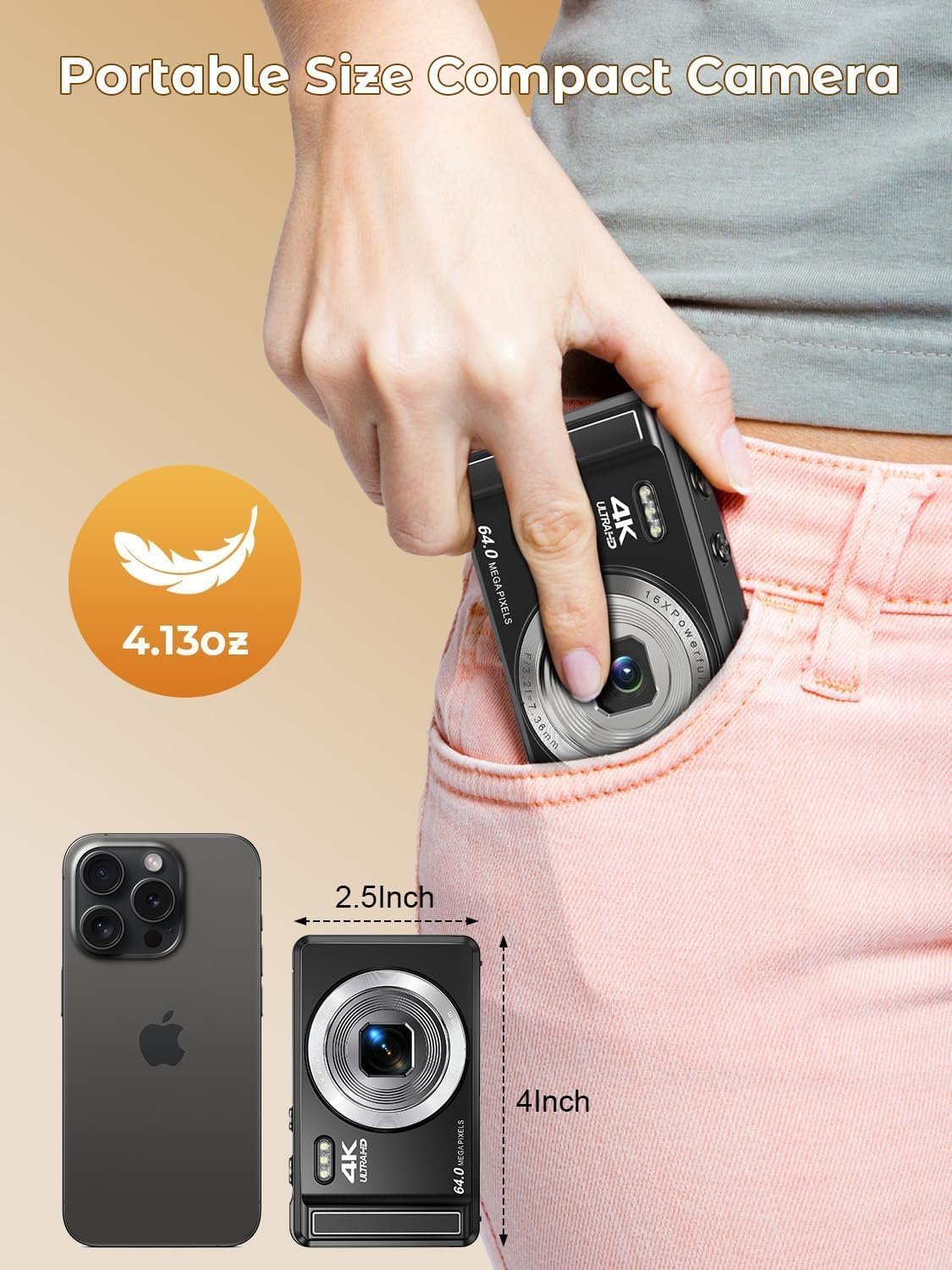 Цифровая Фотокамера 4K 64MP, 2.8 Дюйма UHD Автофокус, Карта 32GB и Батарея, 16X Цифровой Зум, Перезаряжаемая Портативная Компактная, для Детей Начинающих Подростков, фото №8