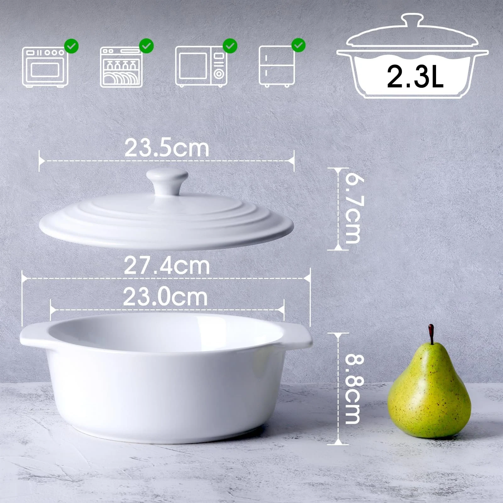 Гусятниця для запікання NUTRIUPS кругла керамічна з кришкою 23 см біла, фото №2