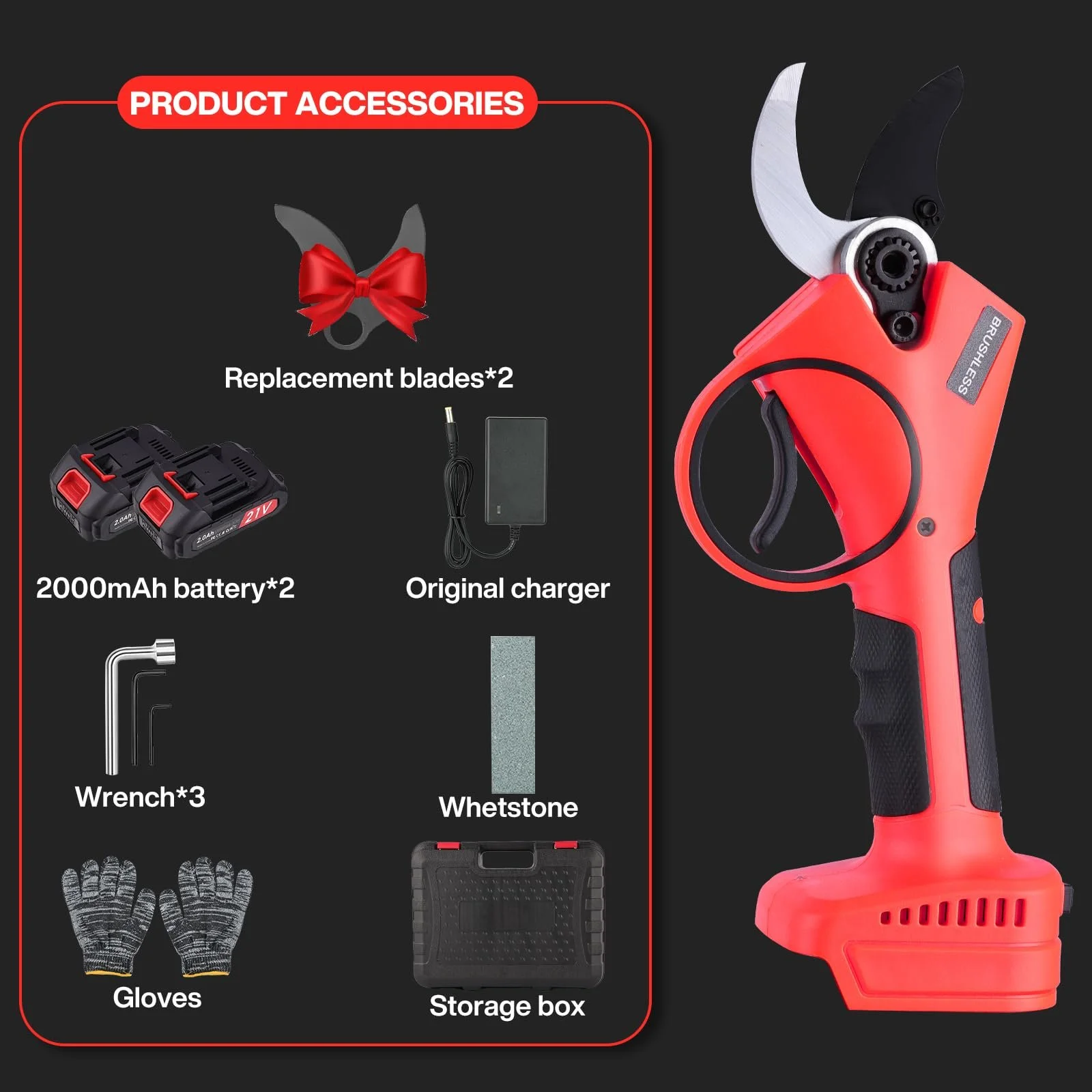 Акумуляторні гілкорізи 40 мм, електричні ножиці для обрізки з акумулятором 2 x 2000 mAh, безщітковий двигун, гостре лезо, садові ножиці для фруктових дерев, червоний, фото №5