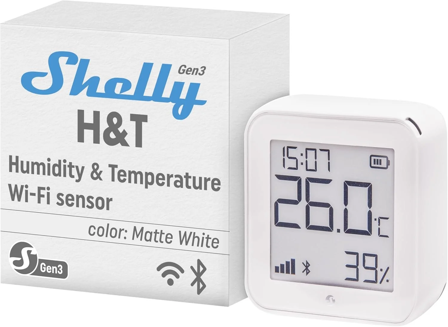 Датчик температури та вологості Shelly H&T Gen3 White / Wi-Fi / Bluetooth / Smart керування / Білий, фото №1 Датчик температури та вологості Shelly H&T Gen3 White / Wi-Fi / Bluetooth / Smart керування / Білий, фото №1
