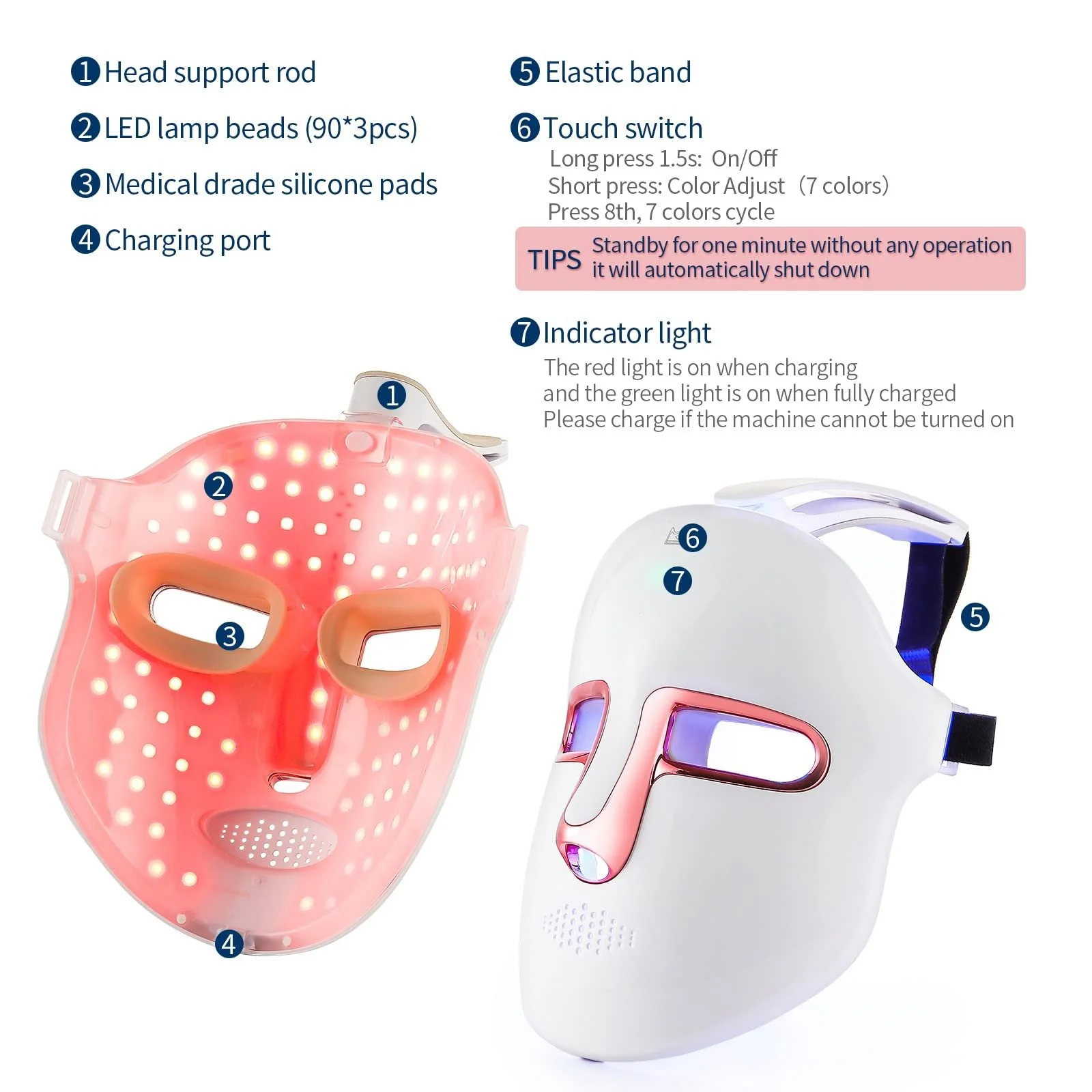 Бездротова LED маска для світлової терапії 7 кольорів, фото №8