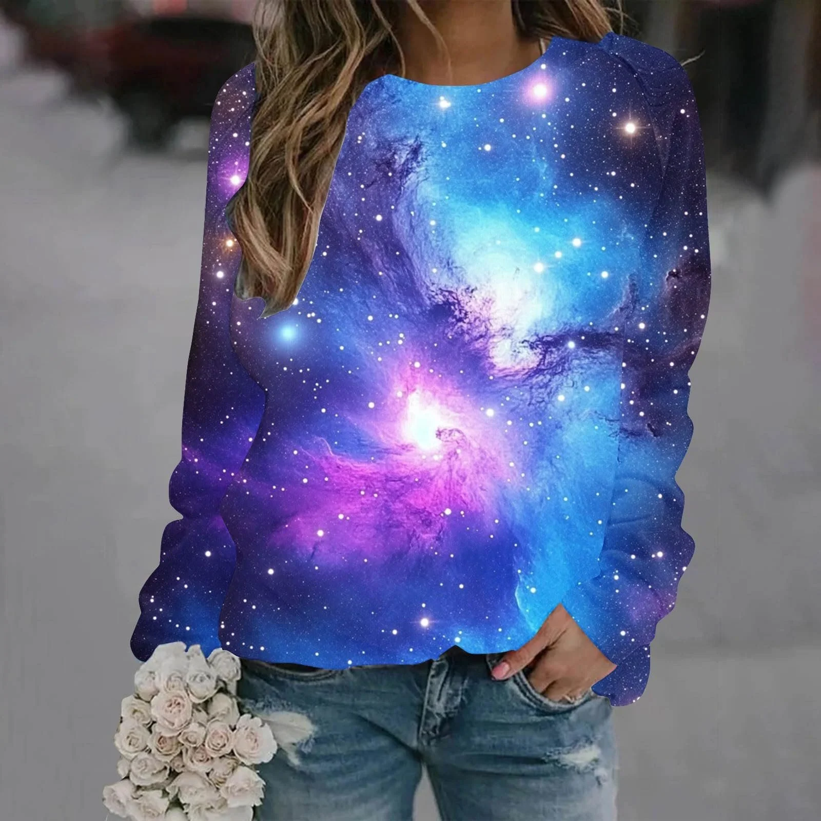 Лонгслив Komiseup Galaxy Женский, длинный рукав, круглый вырез, без капюшона, 3D принт галактики, большие размеры, Streetwear 25, фото №2