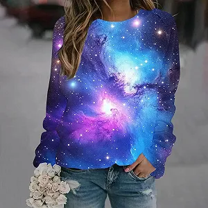 Лонгслив Komiseup Galaxy Женский, длинный рукав, круглый вырез, без капюшона, 3D принт галактики, большие размеры, Streetwear 25 synthetic.ua - Фото 1