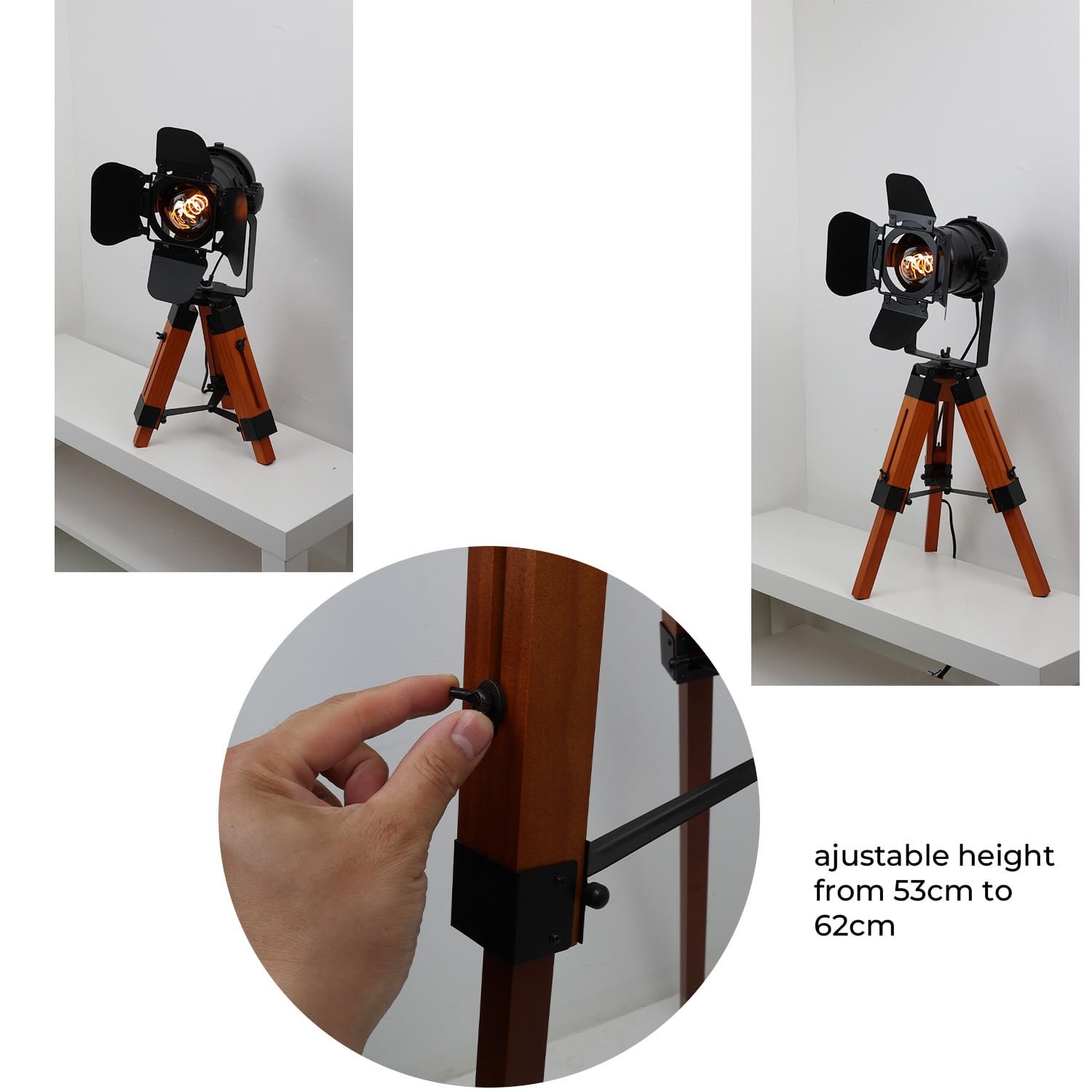 Настільна лампа Alpinaluz Vintage Industrial E27 дерев'яний штатив чорний прожектор, фото №6