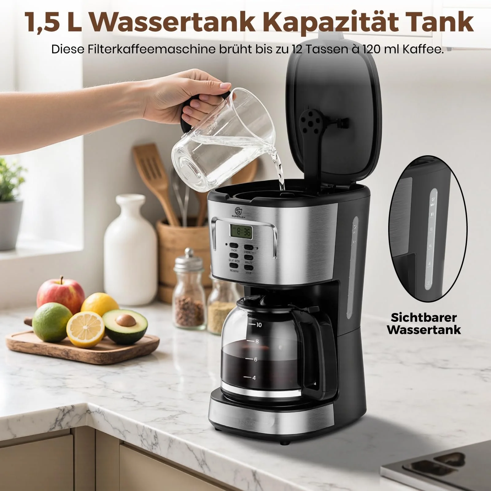 Кофеварка капельная 1.5 л 900 W стеклянный кувшин таймер автоматическое отключение, фото №4