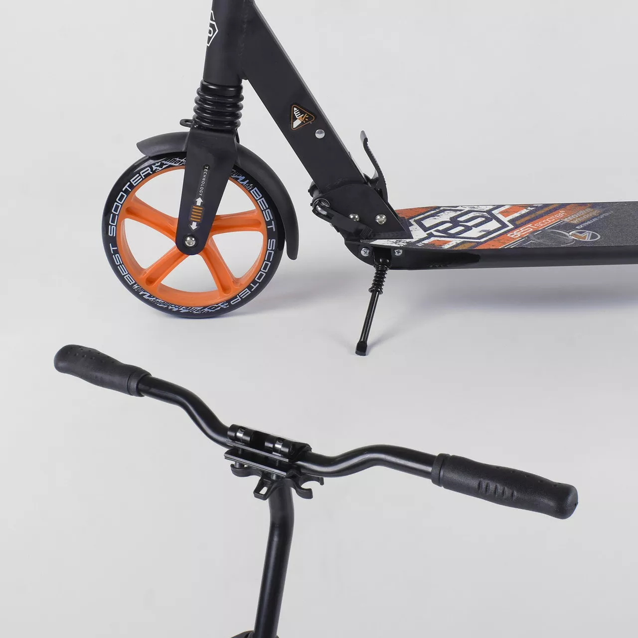 Самокат алюминиевый Best Scooter с PU колесами 2 аммортизаторами Black/Orange 92086, фото №5