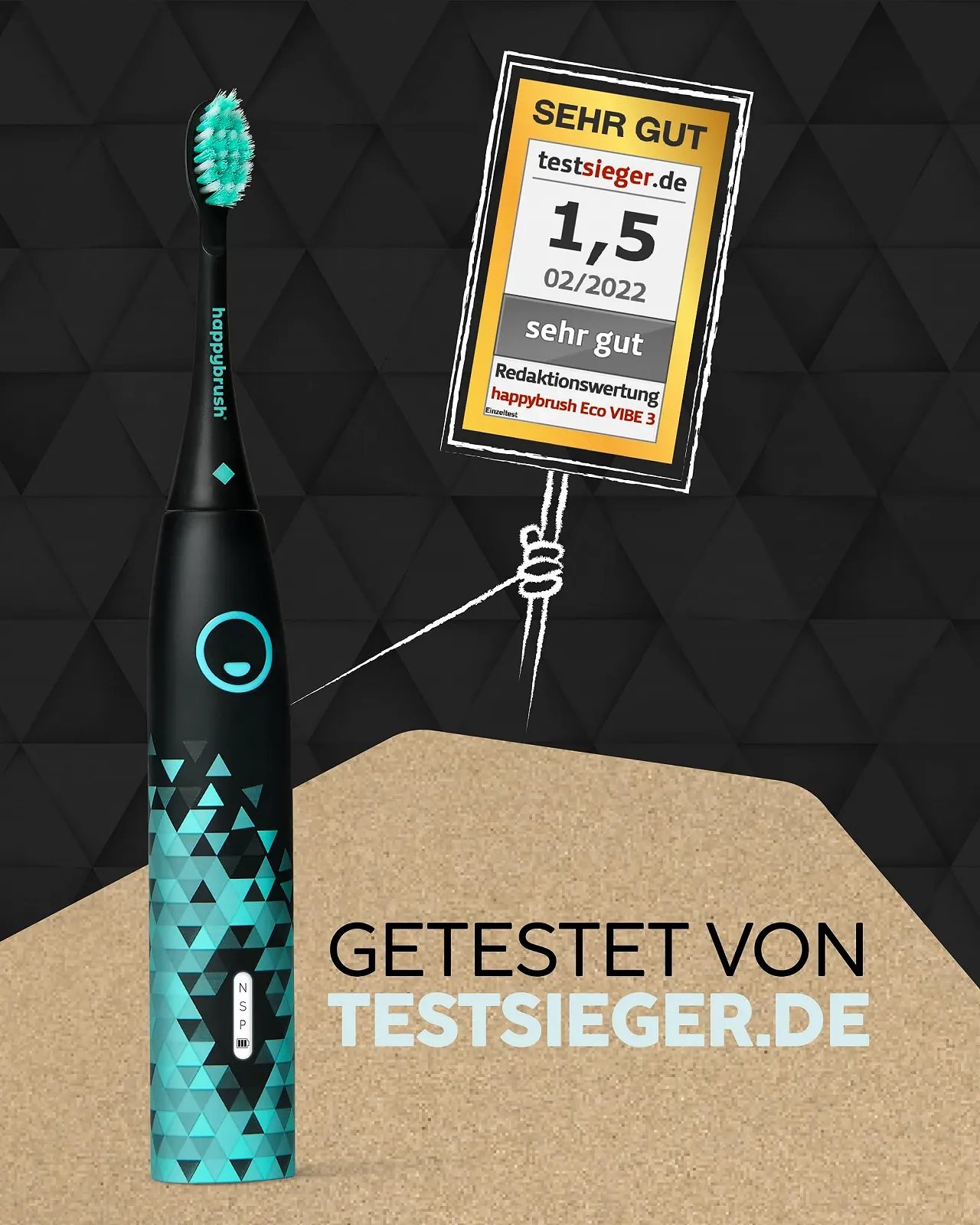 Электрическая звуковая зубная щетка happybrush Eco VIBE 3 набор с насадкой Черная-Мята, фото №7