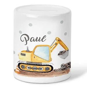 Скарбничка MIKALINO Excavator Екскаватор Керамічна Біла з ім'ям - Фото 1