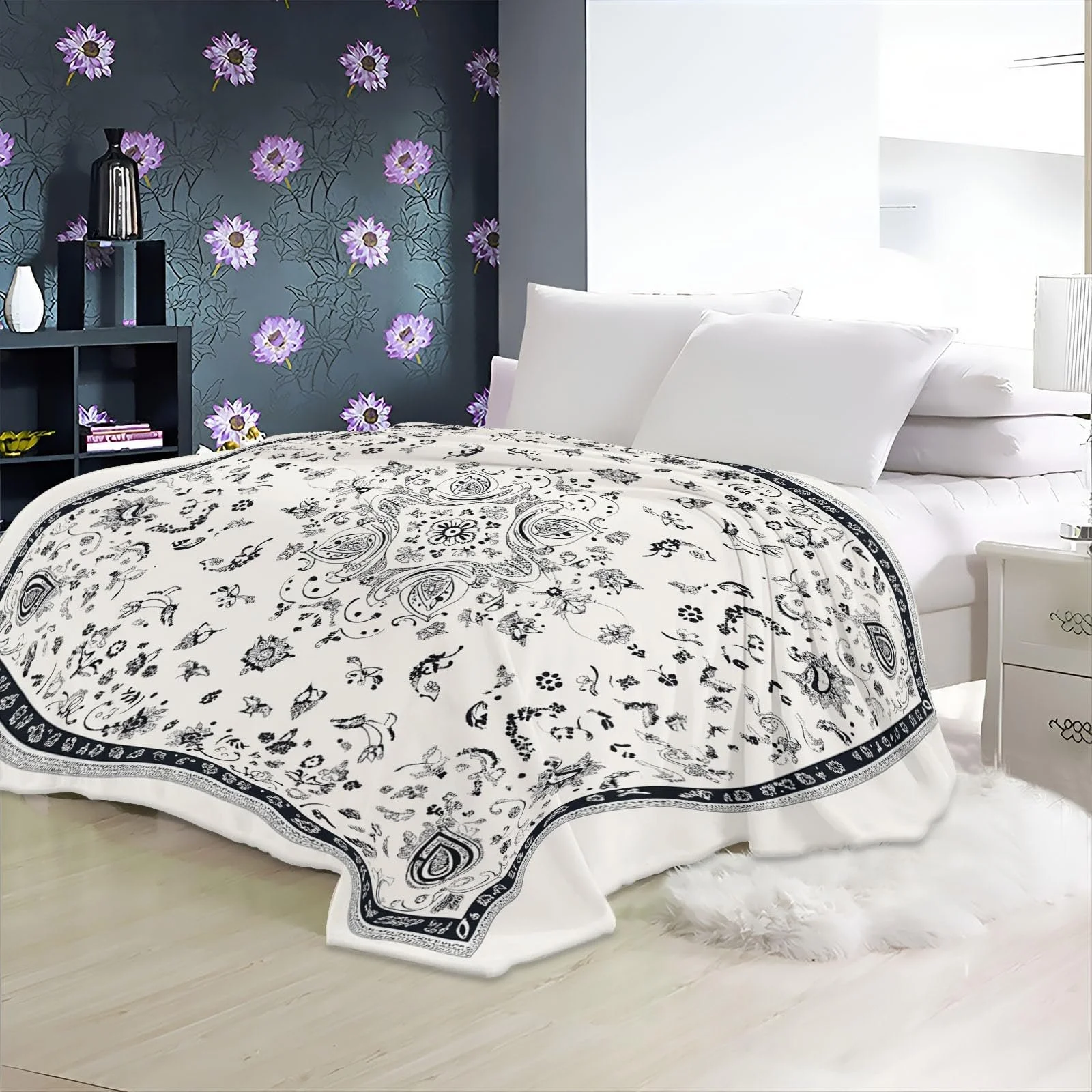 Фланелевое одеяло Paisley Bandana Flowers 3D Printed Черно-белый 180 x 220 см, фото №4