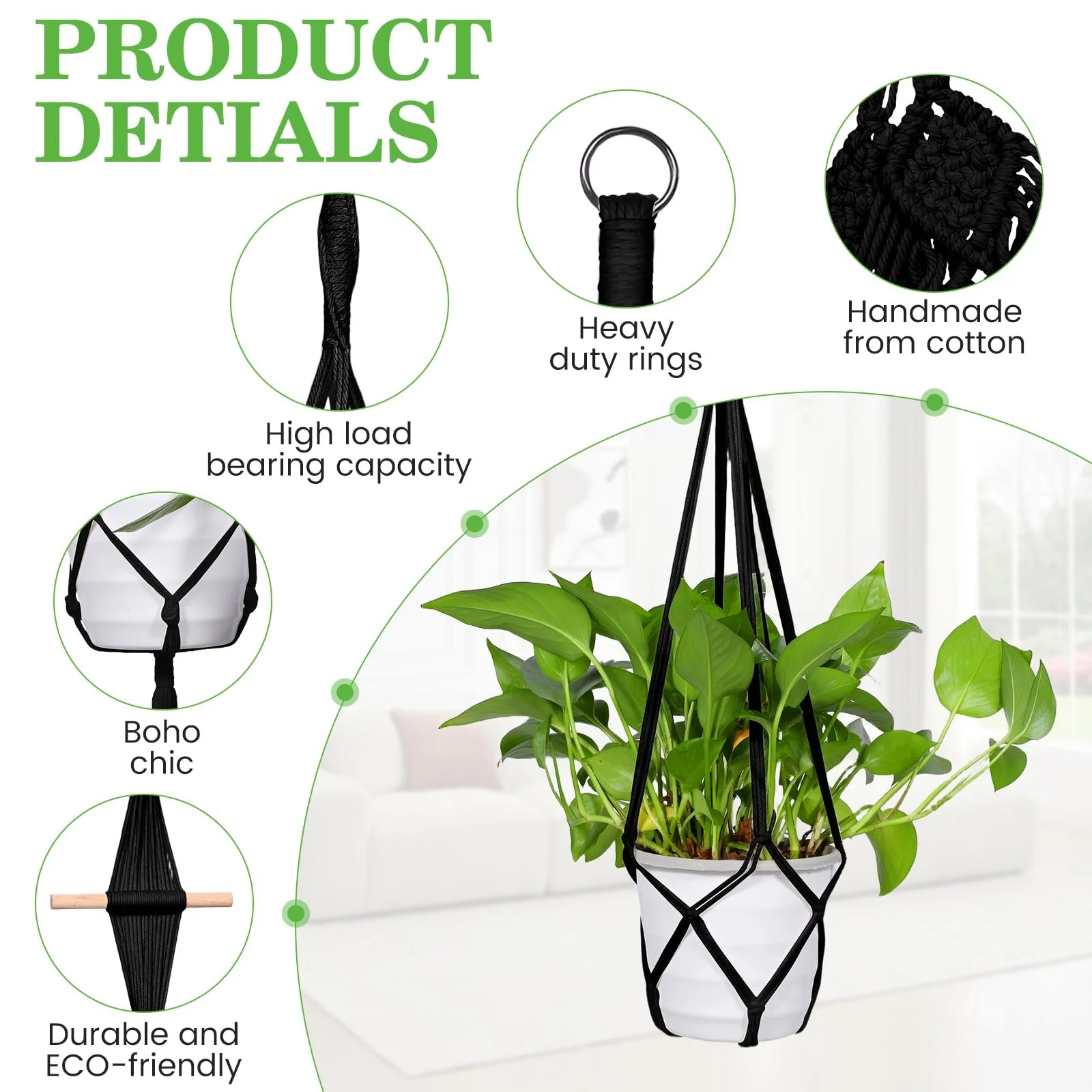 Подвесная корзина макраме Zorplex Набор 4 шт. Плетеный держатель Бохо Черная, фото №3