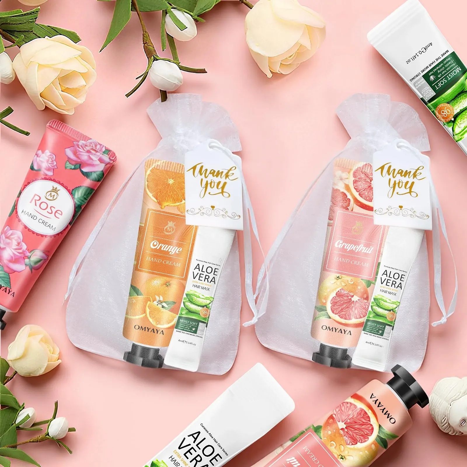 Набор кремов для рук Мини-крем для рук Крем для ног для сухой кожи рук и маска для волос с алоэ вера с сетчатыми карманами, открытка благодарности для подарка, День матери, День рождения, Рождественский подарочный набор для женщин, фото №6