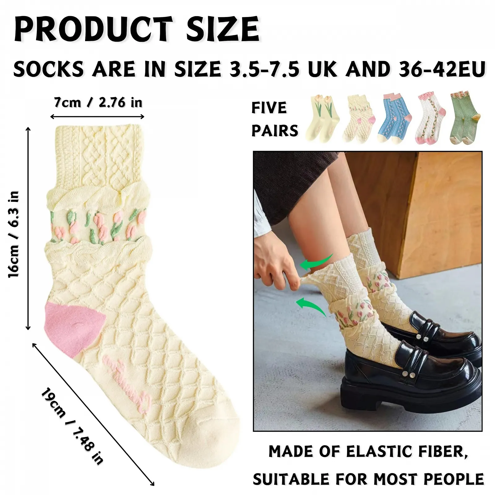 Носки KEYRI, 5 пар, женские, хлопковые, с цветочным узором, винтажные, носки-следки, теплые, повседневные, милые, с рюшами, вышитые, фото №2