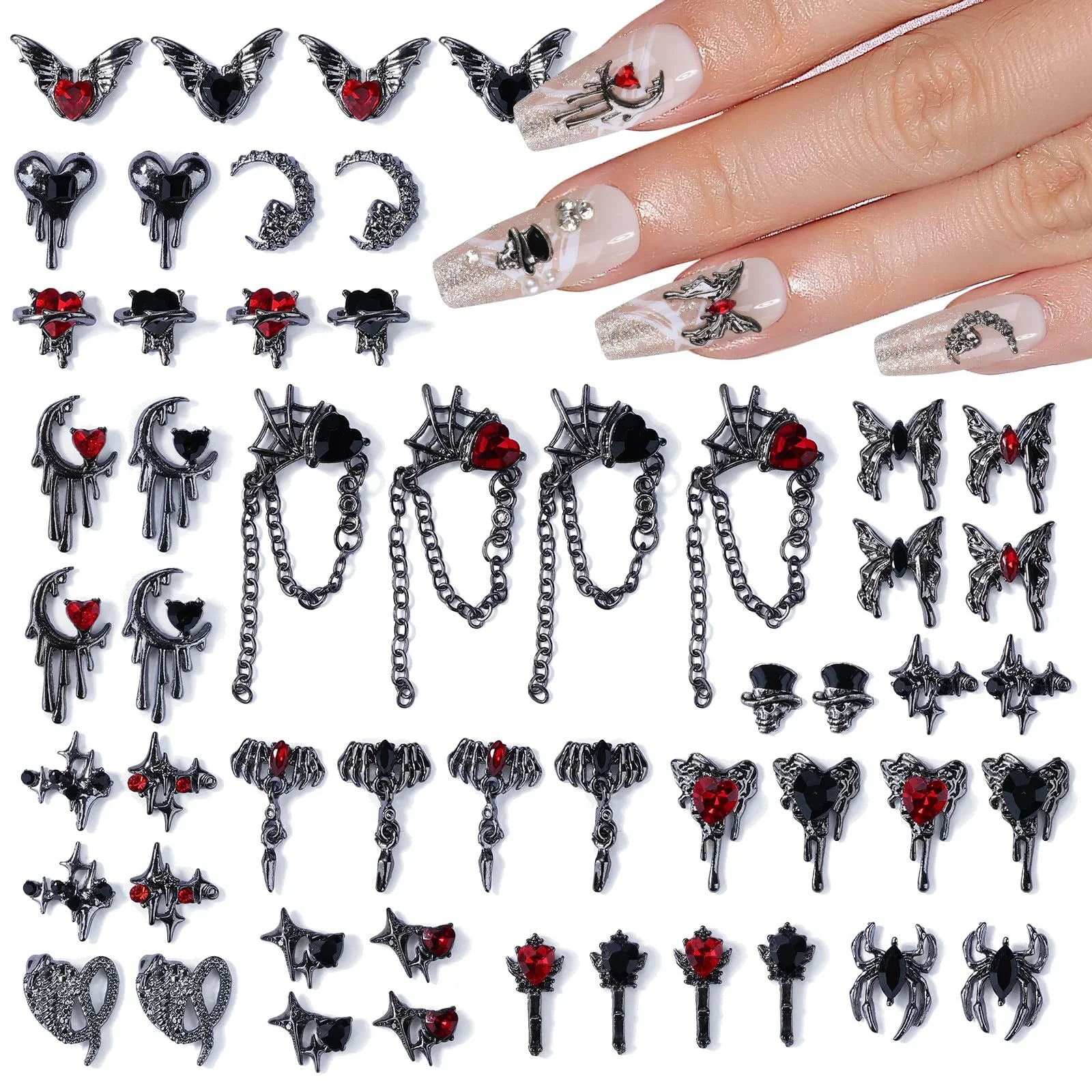 Украшения для ногтей Паук Луна Сердце Бабочка Цепь Камни для ногтей Стекло Красный, фото №1