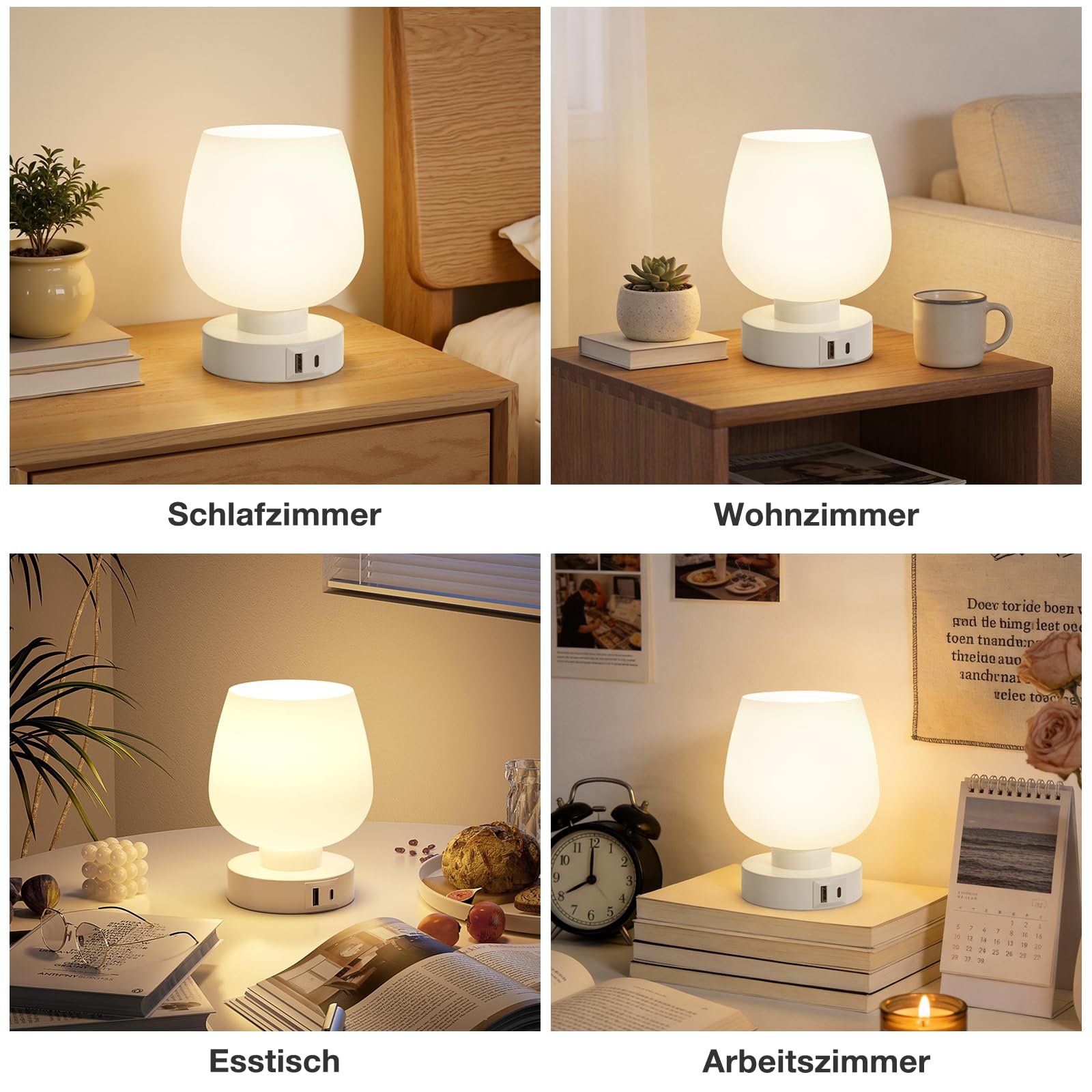 Настільна лампа PreeOtti сенсорна з регулюванням яскравості біла з роз'ємами USB A+C LED мала скляна з кабелем, фото №5