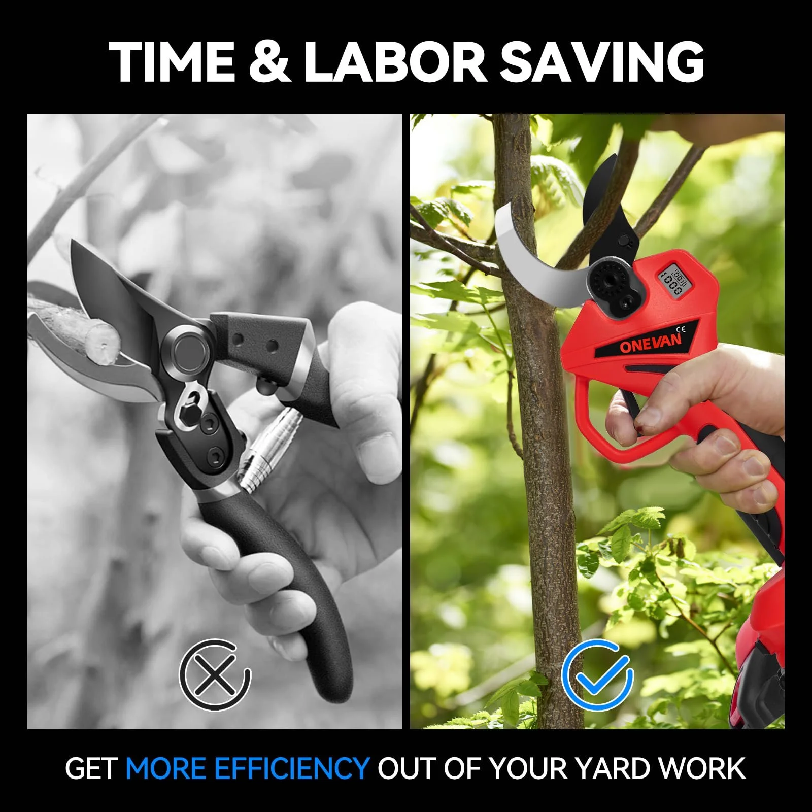 Секатор акумуляторний ONEVAN 800 Вт, діаметр різу 45 мм, з 2 акумуляторами 2.0Ah та LCD дисплеєм, фото №4