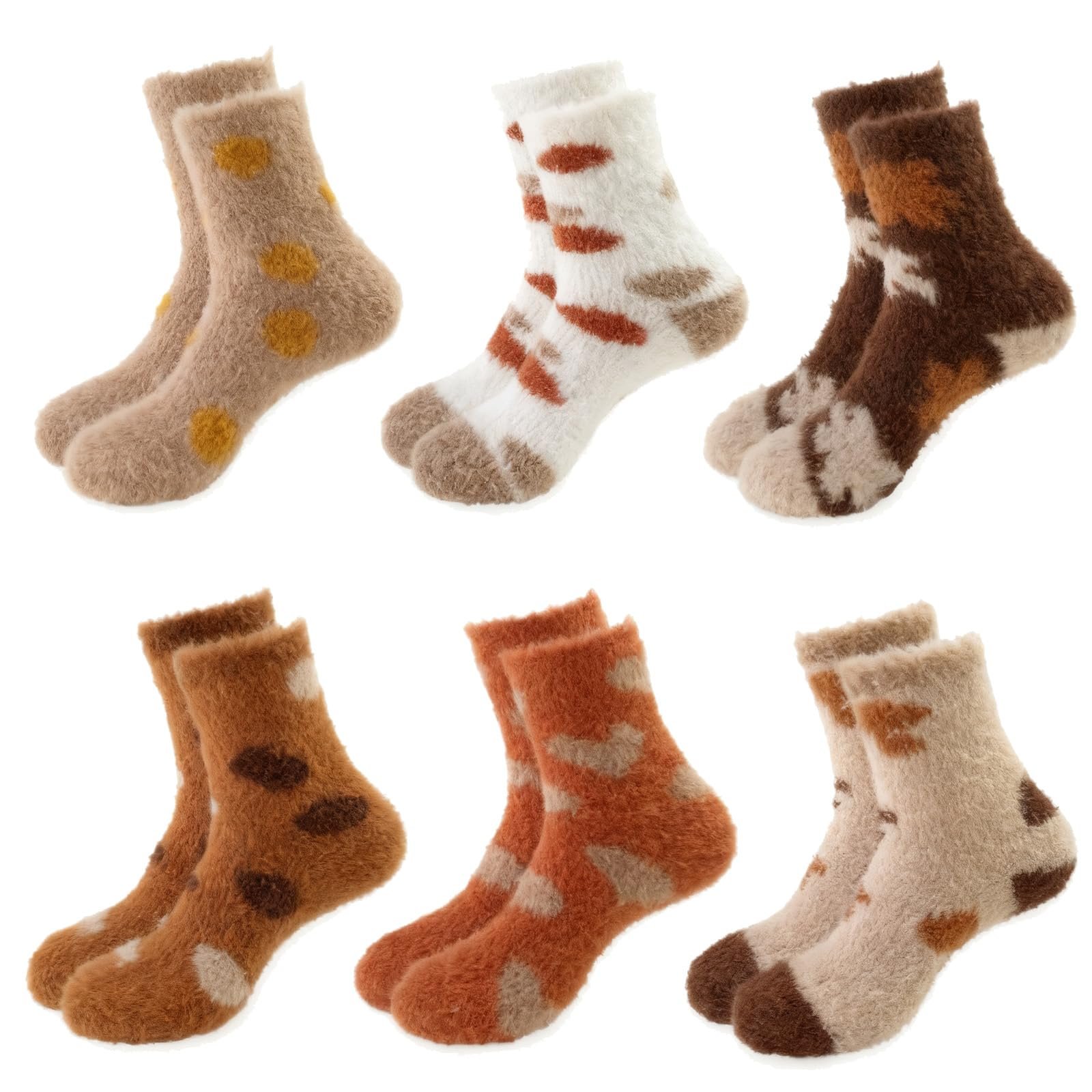 Пушистые носки 6 пар, Коричневые узоры, Теплые домашние носки для сна для осени и зимы, 36-42, фото №1