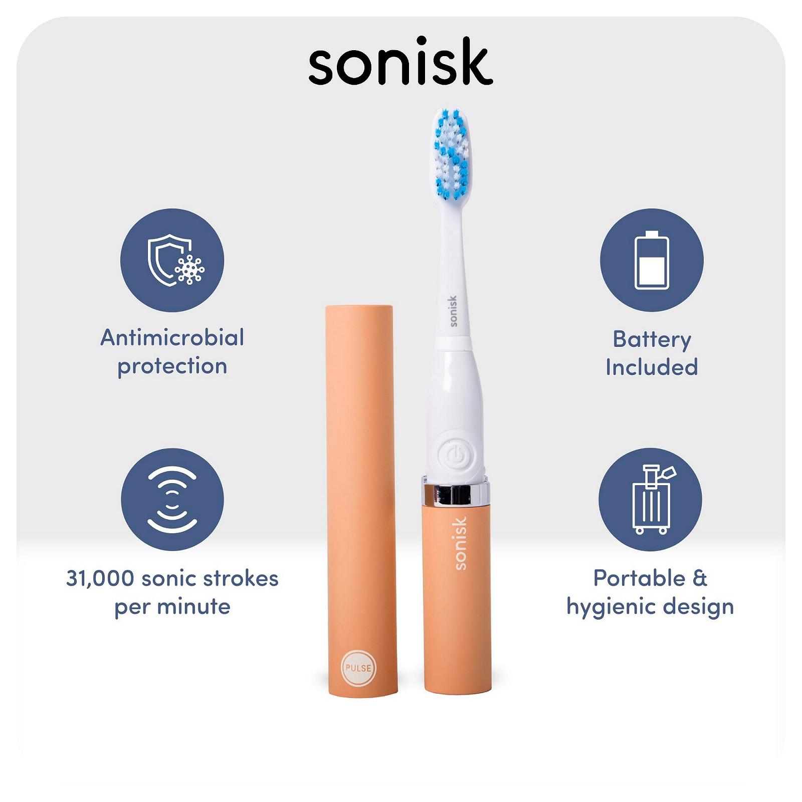 Зубная щетка электрическая Sonisk Pulse портативная дорожная с антимикробной звуковой технологией персиковый цвет. В комплекте 1 батарейка, 2 насадки, 1 дорожный чехол., фото №3