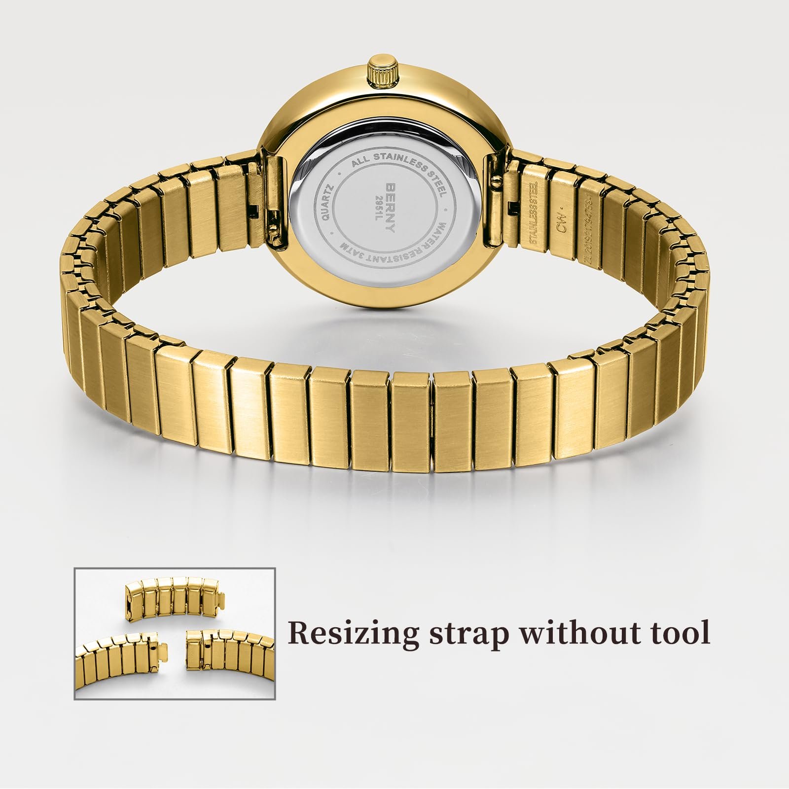Женские наручные часы BERNY Золотые Винтажные часы для женщин Аналоговые кварцевые часы с полностью нержавеющим расширяющимся браслетом 3ATM Водонепроницаемые с римскими цифрами, фото №5 Женские наручные часы BERNY Золотые Винтажные часы для женщин Аналоговые кварцевые часы с полностью нержавеющим расширяющимся браслетом 3ATM Водонепроницаемые с римскими цифрами, фото №5
