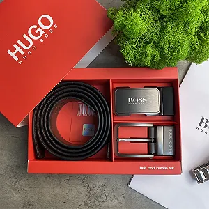Ремень мужской кожаный брендовый с двумя пряжками в подарочной упаковке Hugo Boss - Фото 1
