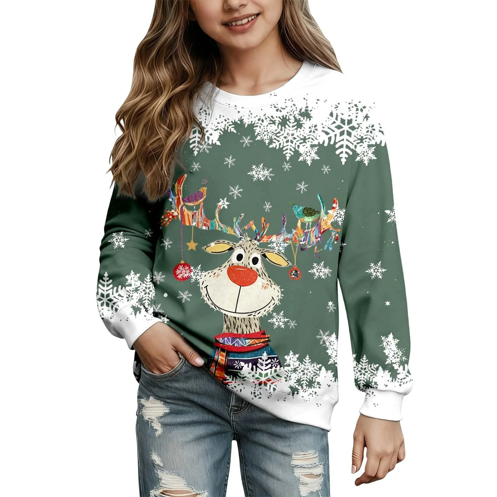 Дівчачий світшот з круглим вирізом, мультяшний олень, довгий рукав, фото №1