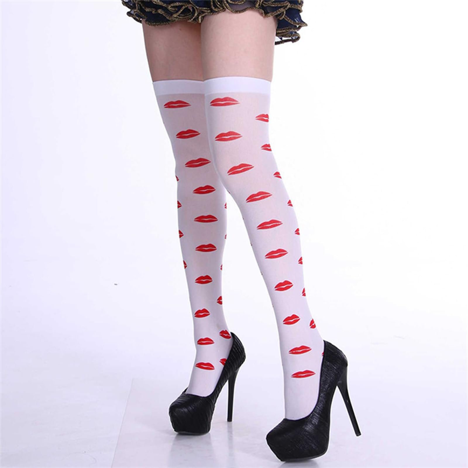 Женские чулки выше колена с узором сердца и губ, 2 пары, белые, фото №6
