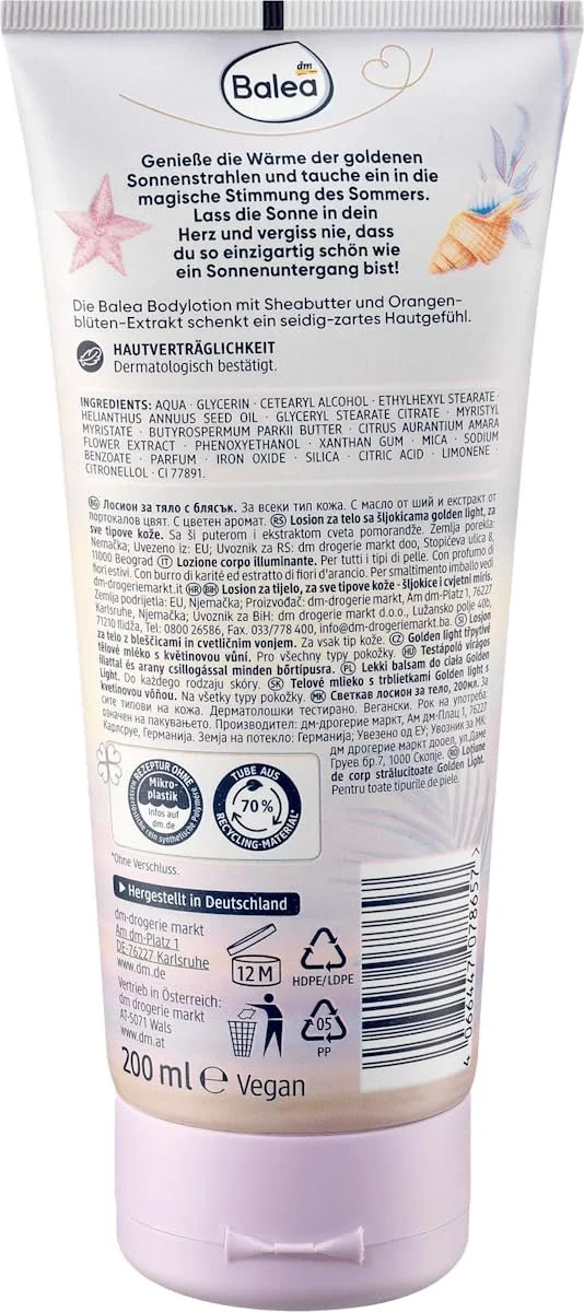 Лосьйон Balea Shimmer, набір 2 шт: Golden Light лосьйон для тіла з золотим сяйвом (200 мл) + Summer Sunset лосьйон для тіла з блискітками (200 мл), фото №3