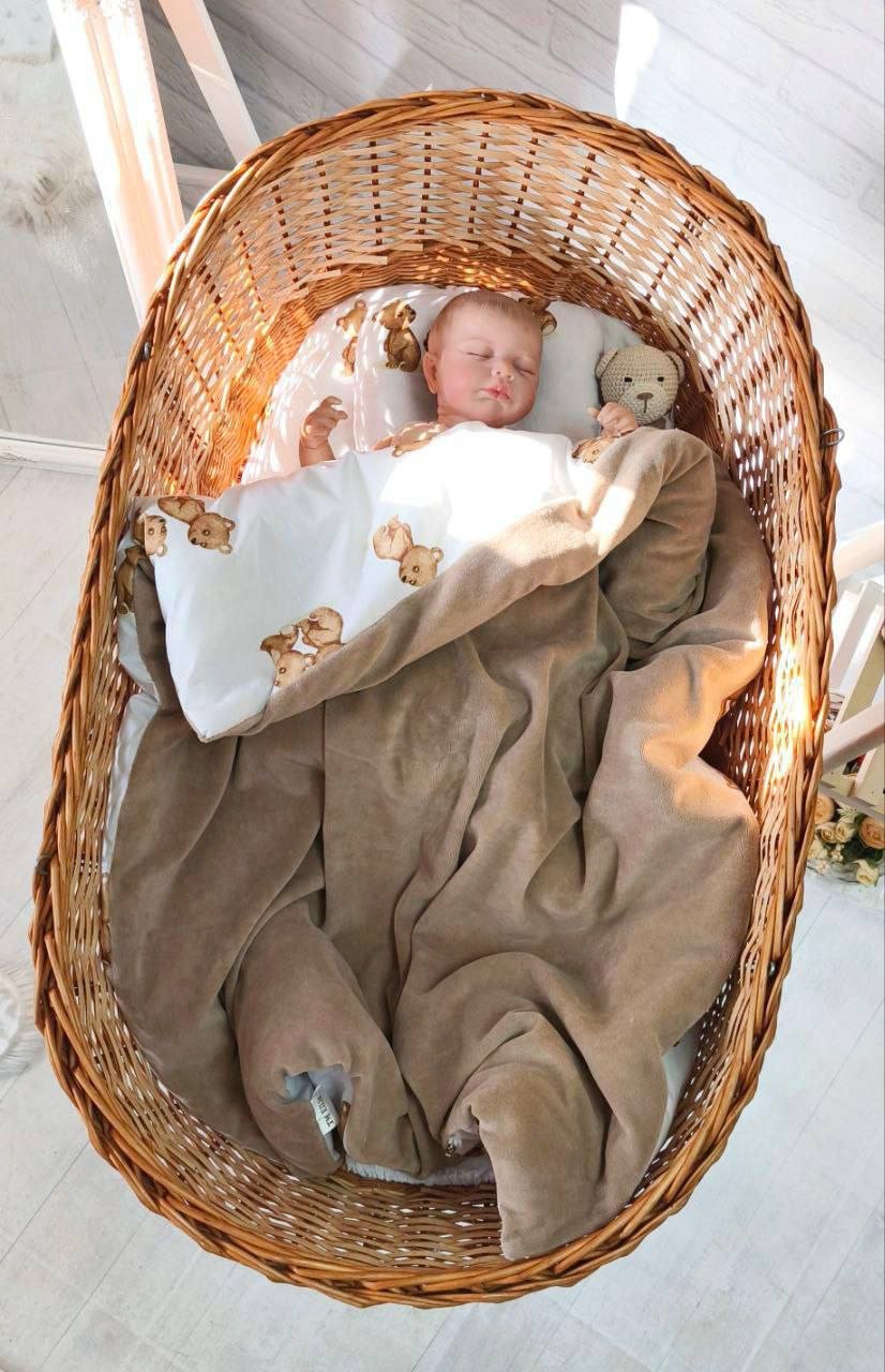 Комплект у люльку, коляску для новонародженого велюр Ведмедик бежевий, фото №1