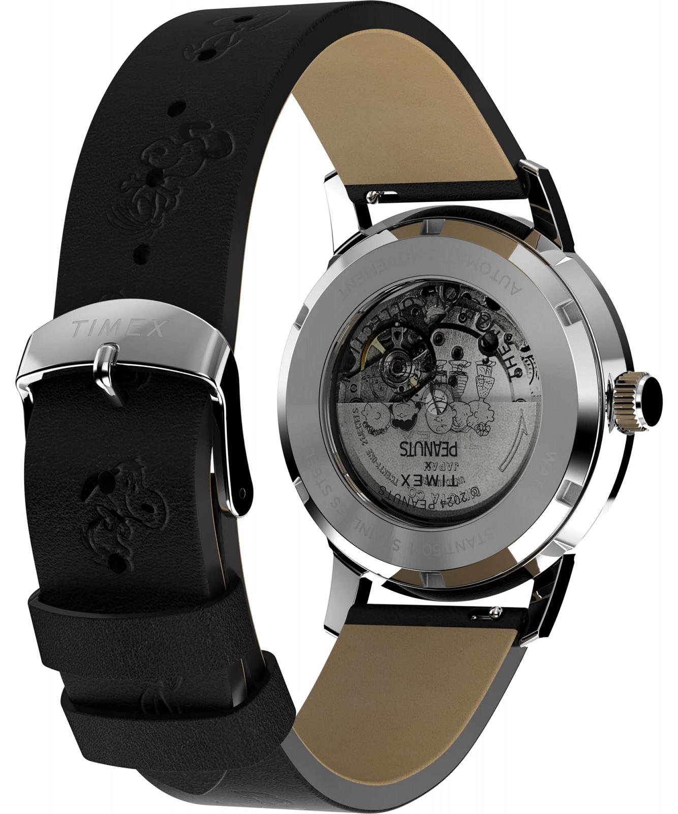 Автоматичний Годинник Timex Peanuts 40мм Чорний Шкіряний Ремінець Срібний Циферблат Корпус з нержавіючої сталі TW2W54000, фото №5