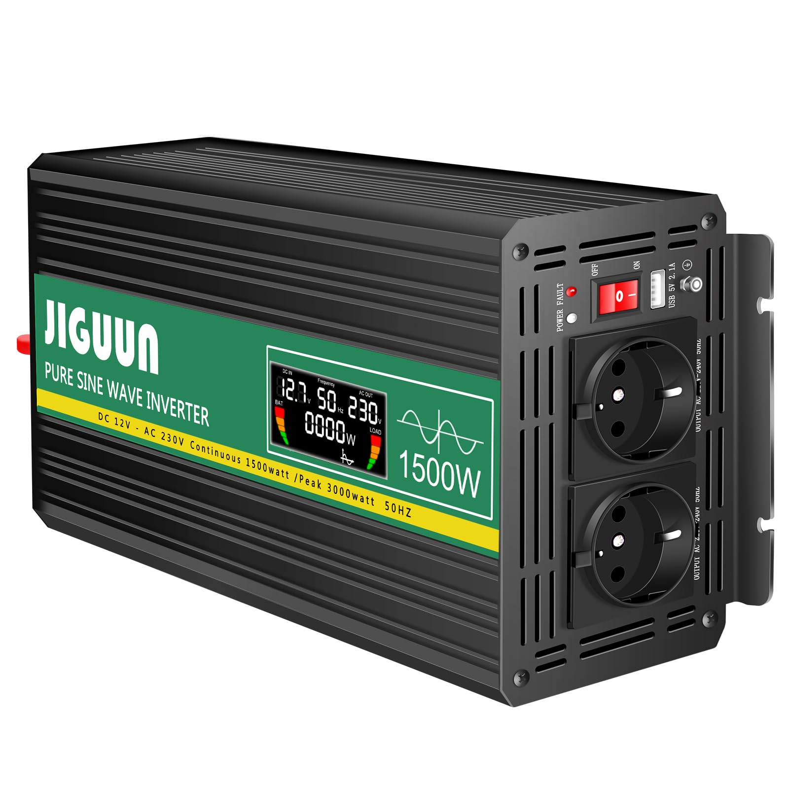 Інвертор JIGUUN Pure Sine Wave Конвертер напруги 1500 Вт 12 В 230 В 2 єврозамки USB вихід 2.1 А бездротовий пульт ДК LCD дисплей, фото №1