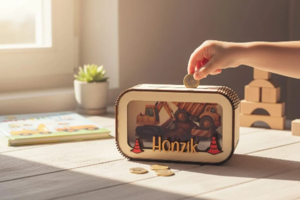 Скарбничка Lilubi з дерева з мотивом екскаватора персоналізована, фото №5