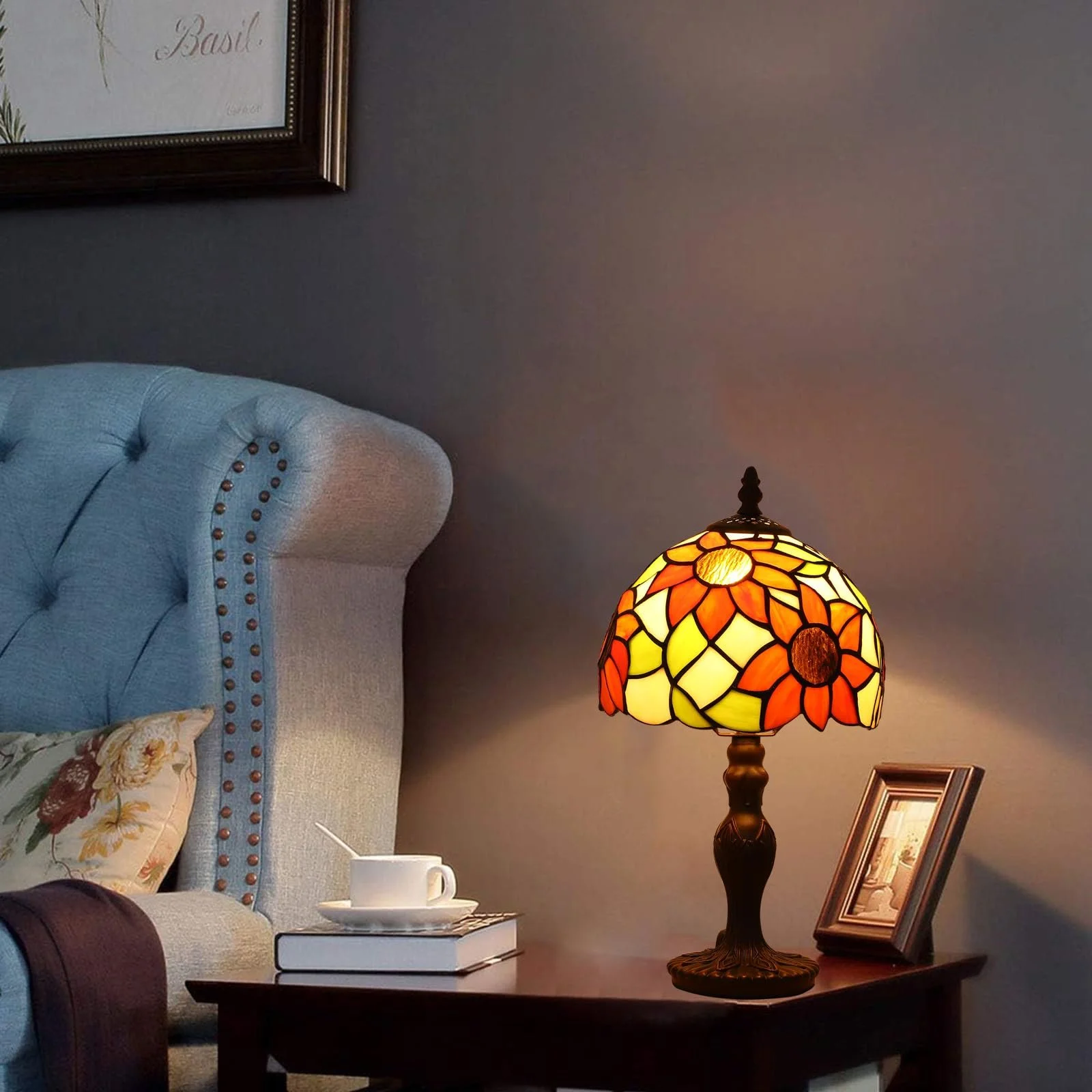 Настільна лампа Tiffany Ретро Вітражне скло Квітковий візерунок E27 LED 37x20 см Блакитна, фото №7