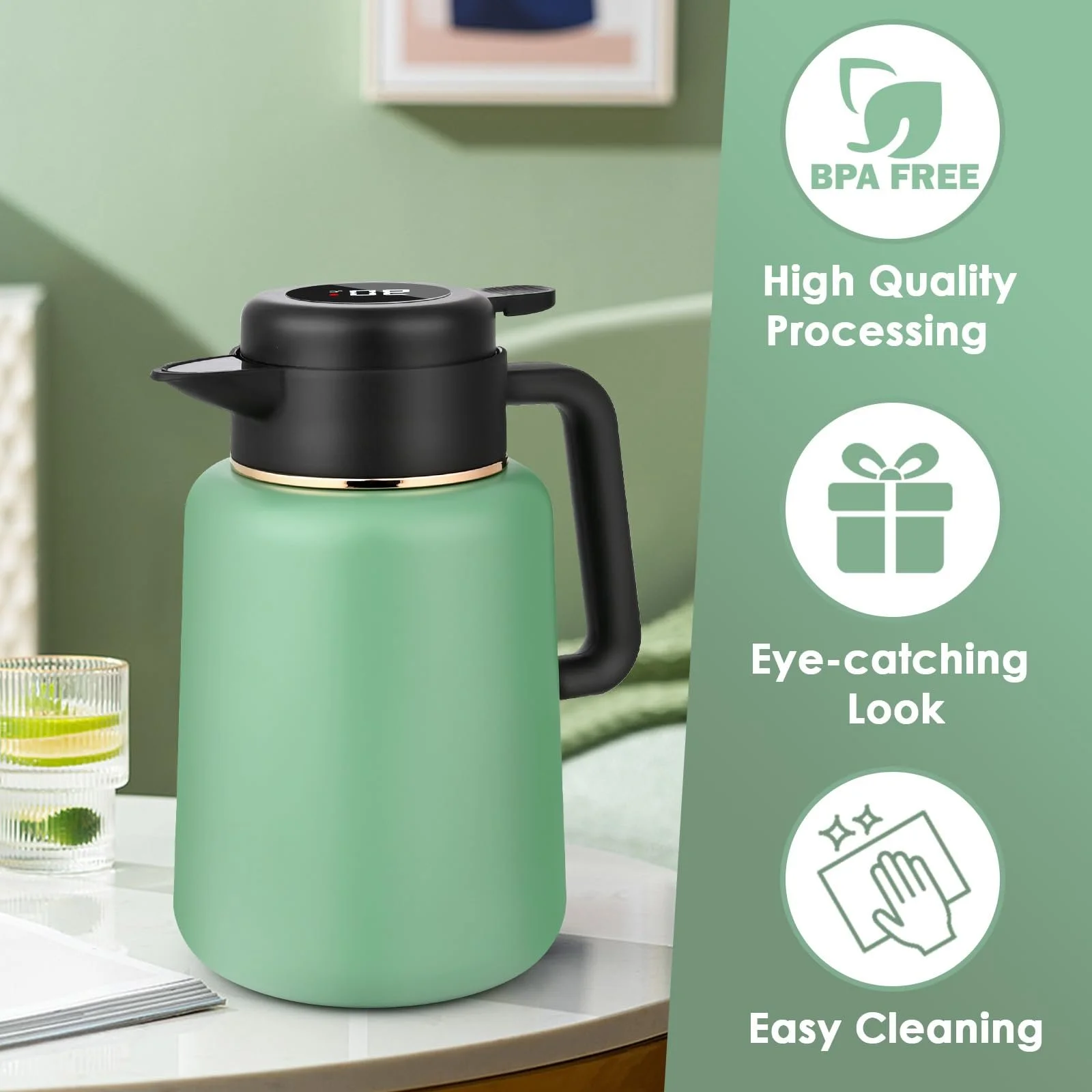 Термос-кавник Dreamhigh 1.8 Л з чайним фільтром, Ізольований глечик з дисплеєм температури, фото №7