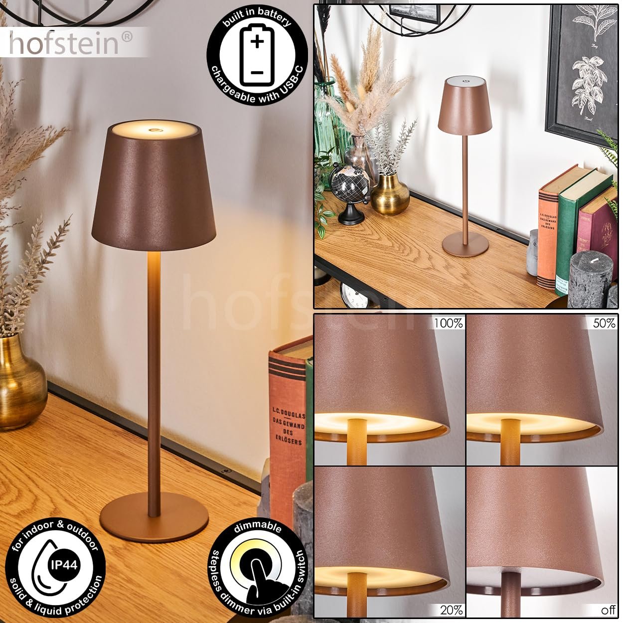 Настільна лампа HOFSTEIN Longchamps LED димована метал/пластик USB-C акумулятор 4 Ват 300 Люмен 3000 Кельвін коричневий/білий, фото №2