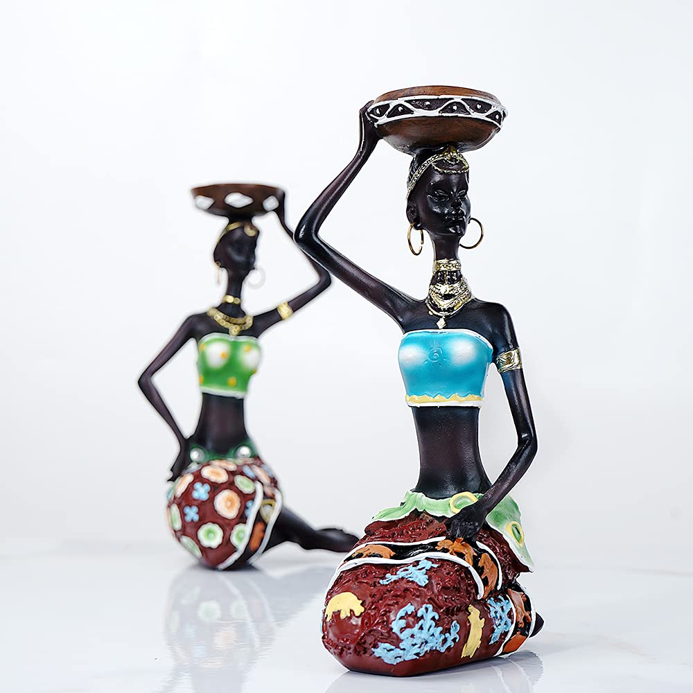Подсвечник HYFAN African Style Statue Black Woman Украшение Винтажная скульптура Ретро фигуры Ручная работа (Черный, 2 шт.), фото №2