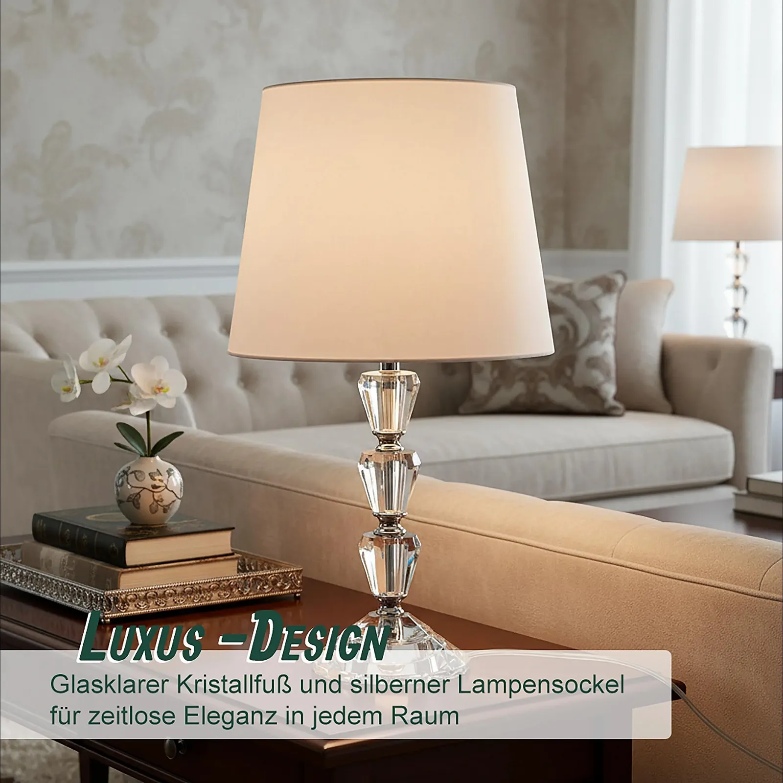 Настільна лампа Relaxdays зі скляною основою та тканинним абажуром E27 40,5 x 23 см Кришталевий дизайн Білий, фото №3