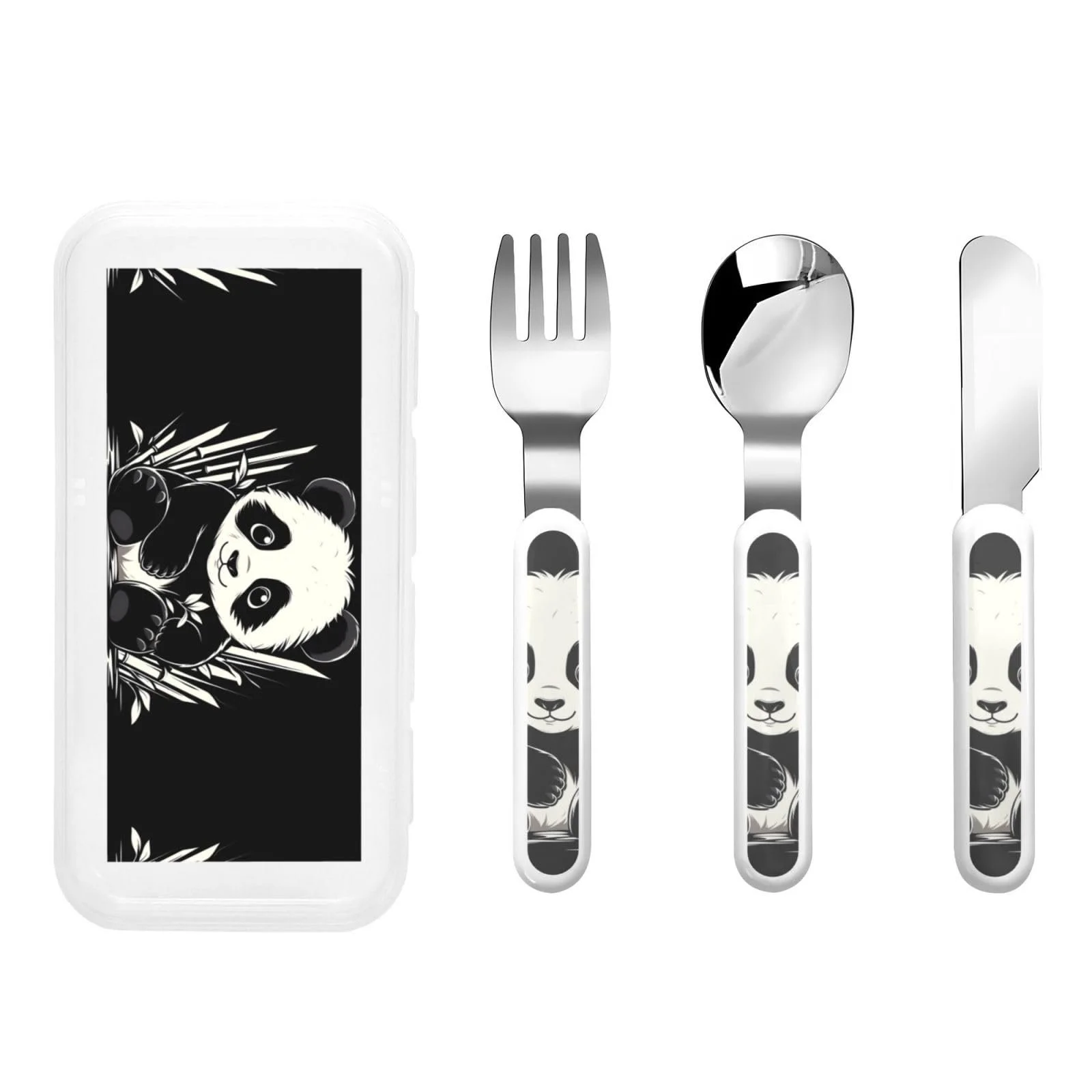 Набір дитячих столових приборів з трьох предметів з принтом панди, багаторазовий, фото №1 Набір дитячих столових приборів з трьох предметів з принтом панди, багаторазовий, фото №1