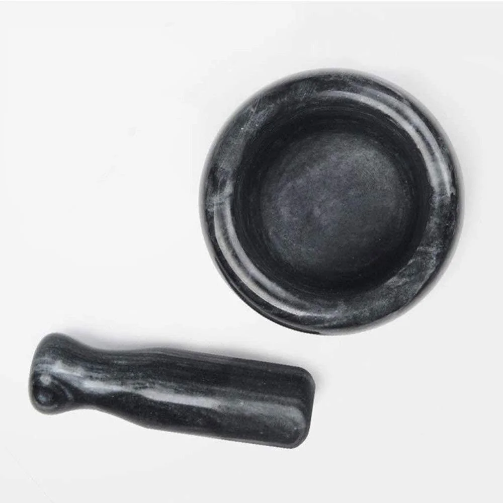 Ступка з товкачиком з полірованого натурального мармуру, середньо-сіра, фото №3