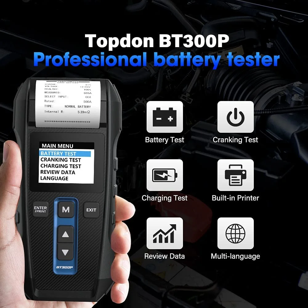 Тестер автомобильных аккумуляторов TOPDON BT300P с принтером Черный, фото №2 Тестер автомобильных аккумуляторов TOPDON BT300P с принтером Черный, фото №2