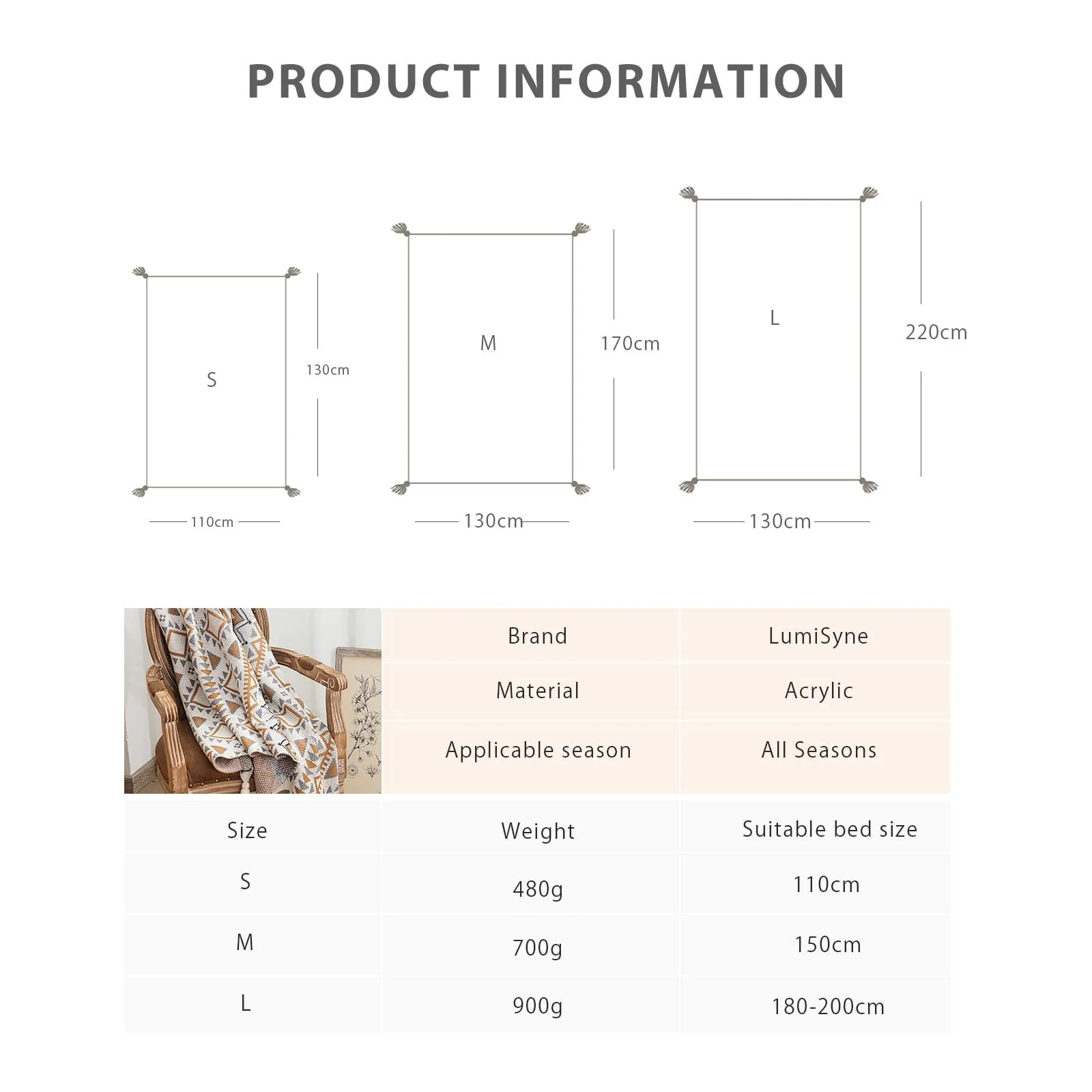 Вязаний плед LumiSyne в Богемному етнічному стилі з геометричним візерунком і бахромою, 170 x 130 см, фото №4