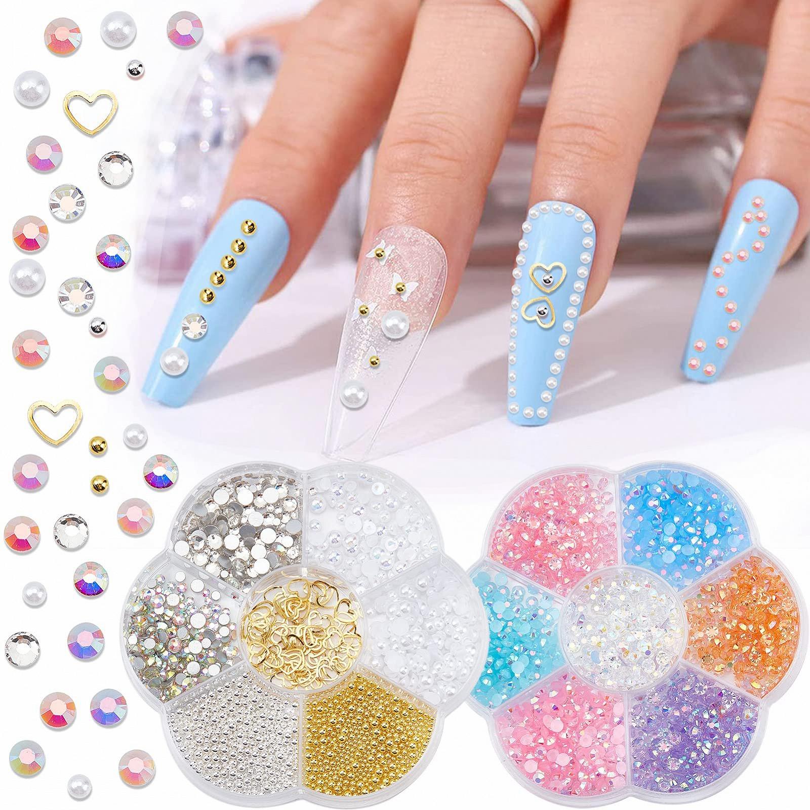 Стразы для ногтей NICENEEDED Круглые стеклянные бусины с плоской задней стенкой для украшения ногтей, металлические стразы разных форм с коробкой, 2 коробки, фото №1
